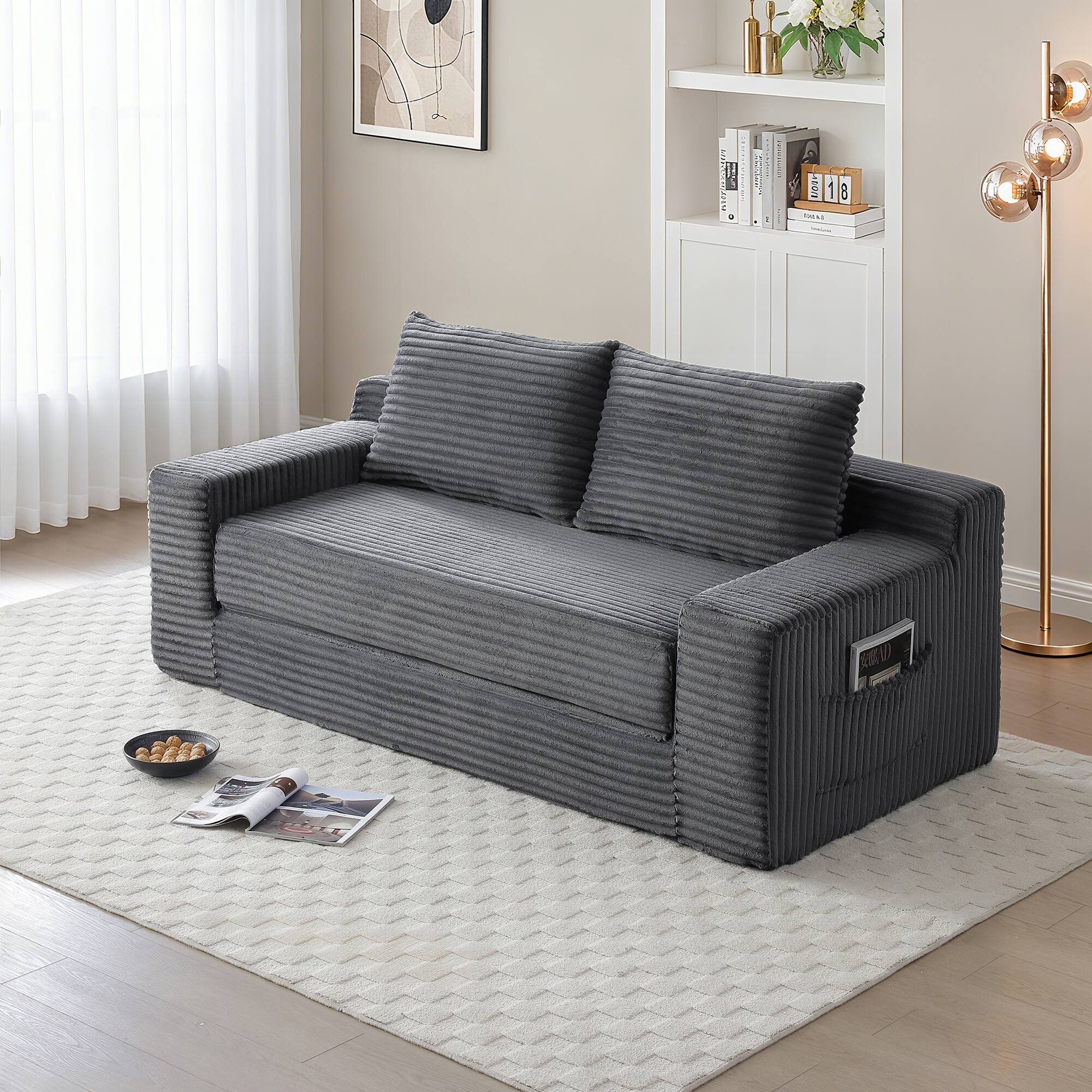 Angle. Trinkets Crazed - Memory Foam Cloud Loveseat Sofa,2 in 1 Convertible Folding Couch Bed,No Assembly Compressed Corduroy Floor Lounge Sofa - Gray.