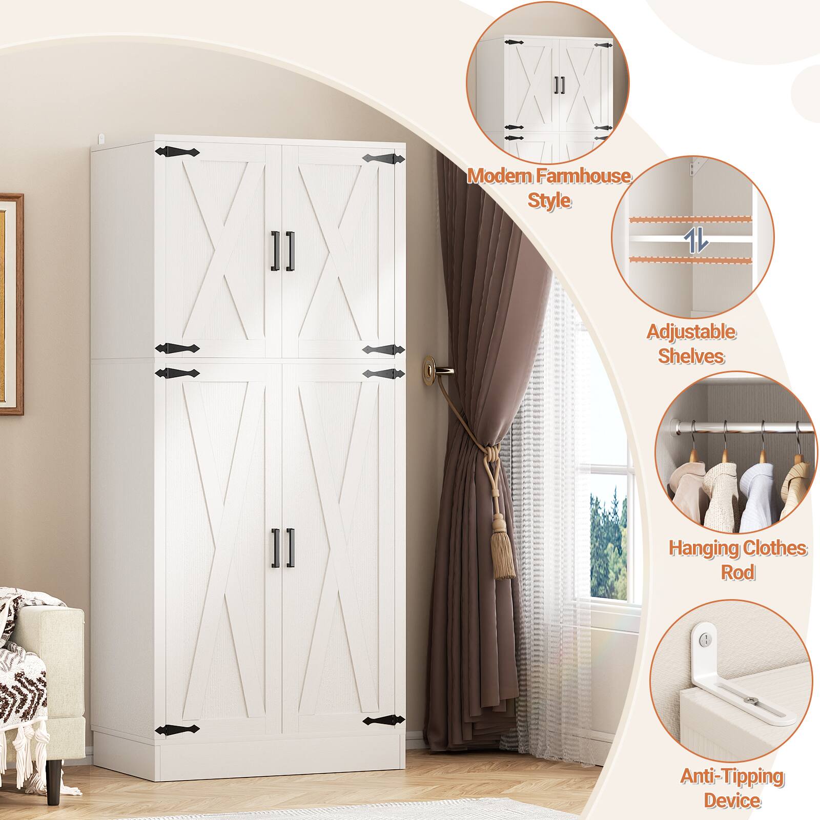 1] Modern Farmhouse Style  
2] Adjustable Shelves  
3] Hanging Clothes Rod  
4] Anti-Tipping Device