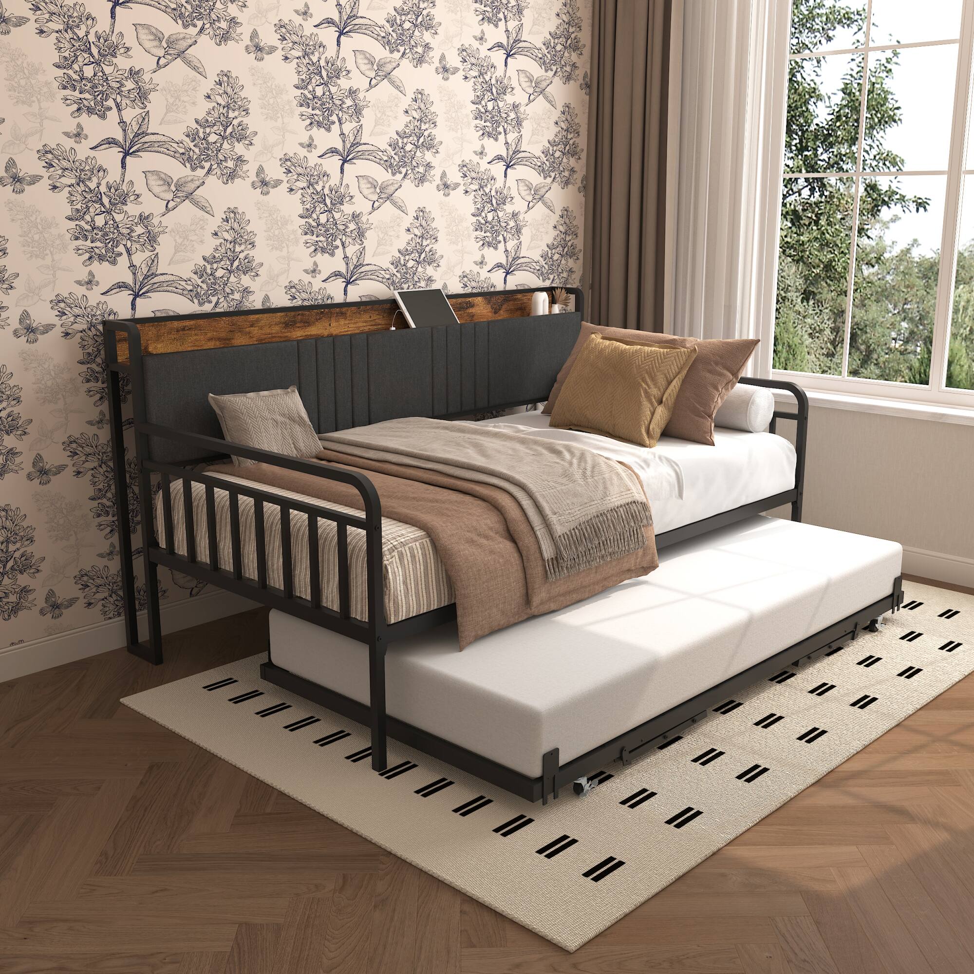Back. GOODSILO - Sturdy Twin Daybed with Upholstered Headboard Built-in Charging Station and RGB Lighting for Versatile Use - Black+Brown+Grey.