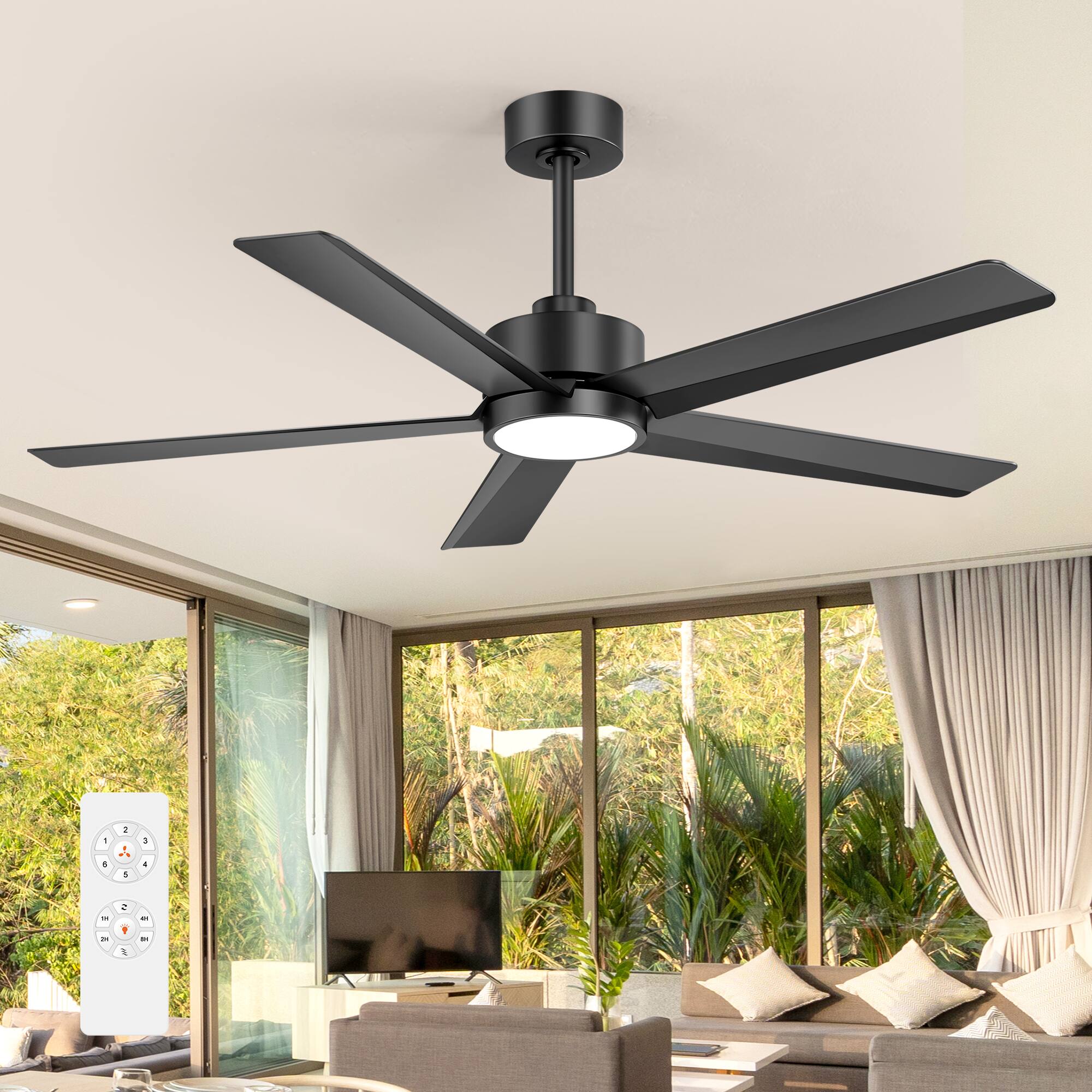 Breezary - 52-Inch Indoor Modern Ceiling Fan with Integrated Light, DC Motor, 6-Speed Remote, 5 Blades, Includes 5" & 10" Downrods - Black (LED)