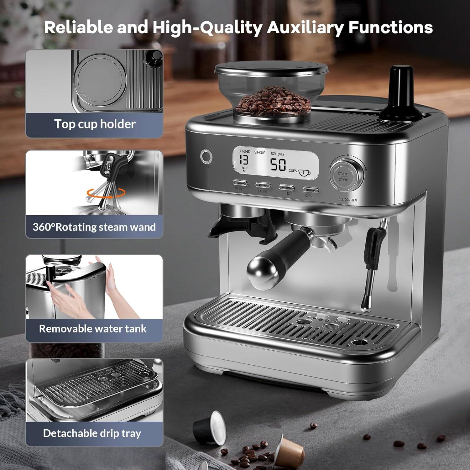 Reliable and High-Quality Auxiliary Functions

- Top cup holder
- 360° Rotating steam wand
- Removable water tank
- Detachable drip tray