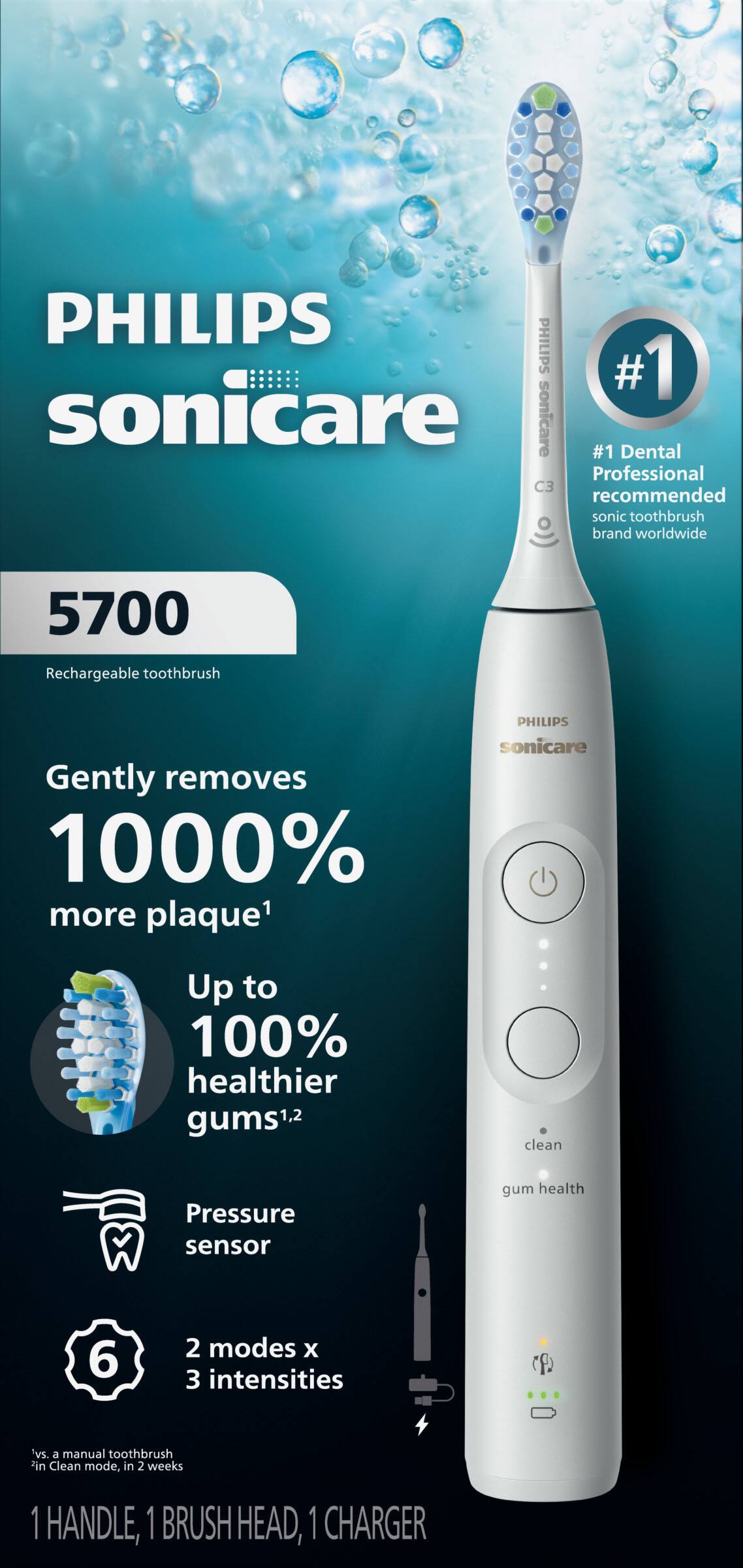 PHILIPS sonicare  
#1 Dental Professional recommended sonic toothbrush brand worldwide  

5700 Rechargeable toothbrush  
Gently removes 1000% more plaque¹  
Up to 100% healthier gums¹,²  

Pressure sensor gum health  
6 2 modes x 3 intensities vs. a manual toothbrush in Clean mode, in 2 weeks  

1 HANDLE, 1 BRUSH HEAD, 1 CHARGER