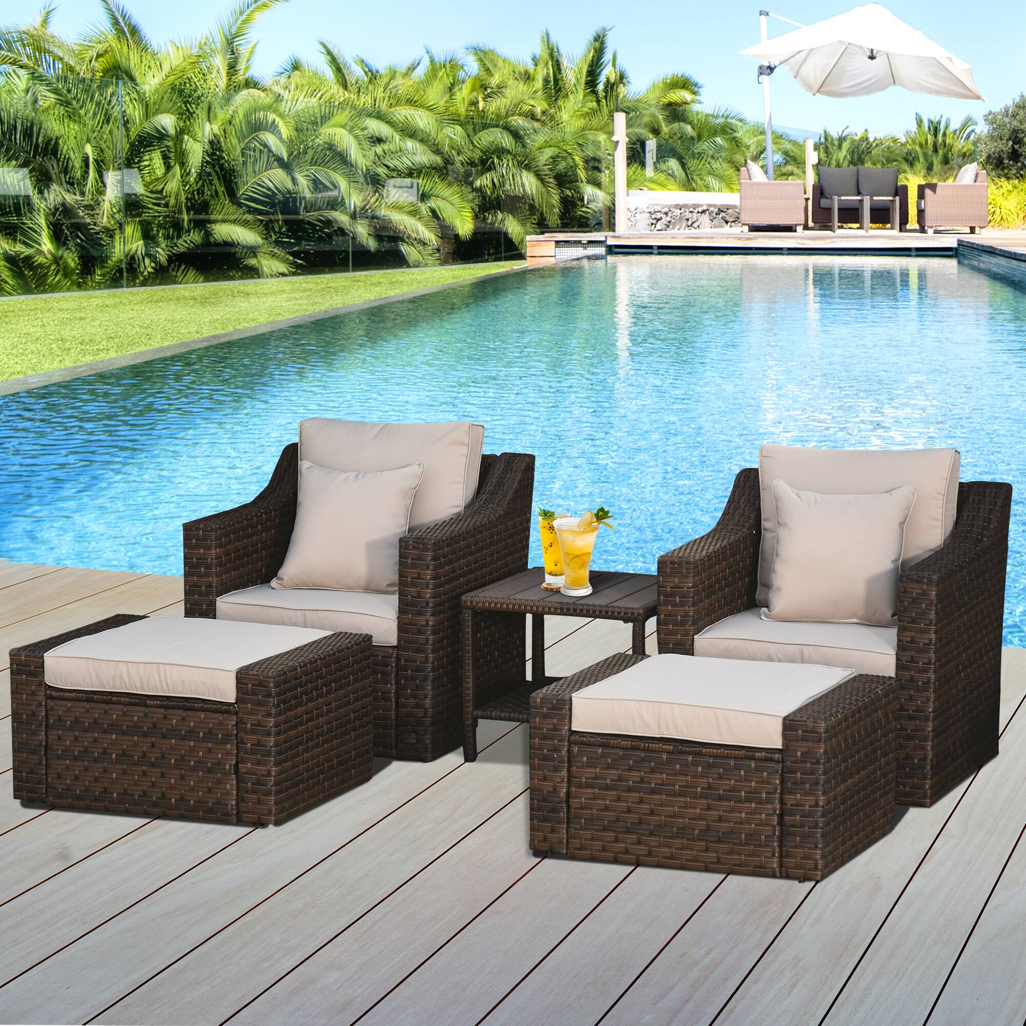 Alt View 1. Outsunny - 5 Piece Patio Furniture Set, All Weather PE Rattan Conversation Chair, and Ottoman Set with Coffee Table - Beige.