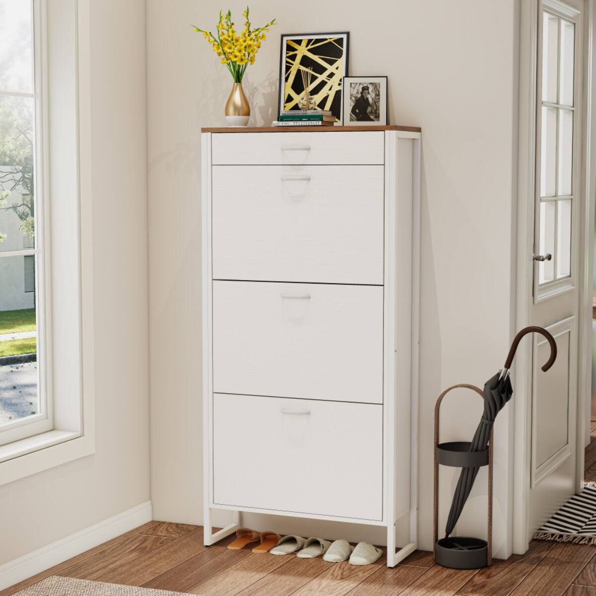 Angle. HTUTWOO - Freestanding Shoe Cabinet with 3 Flip Drawers - Space-Saving Design,Easy-Access Storage for Apartments & Small Homes - White.