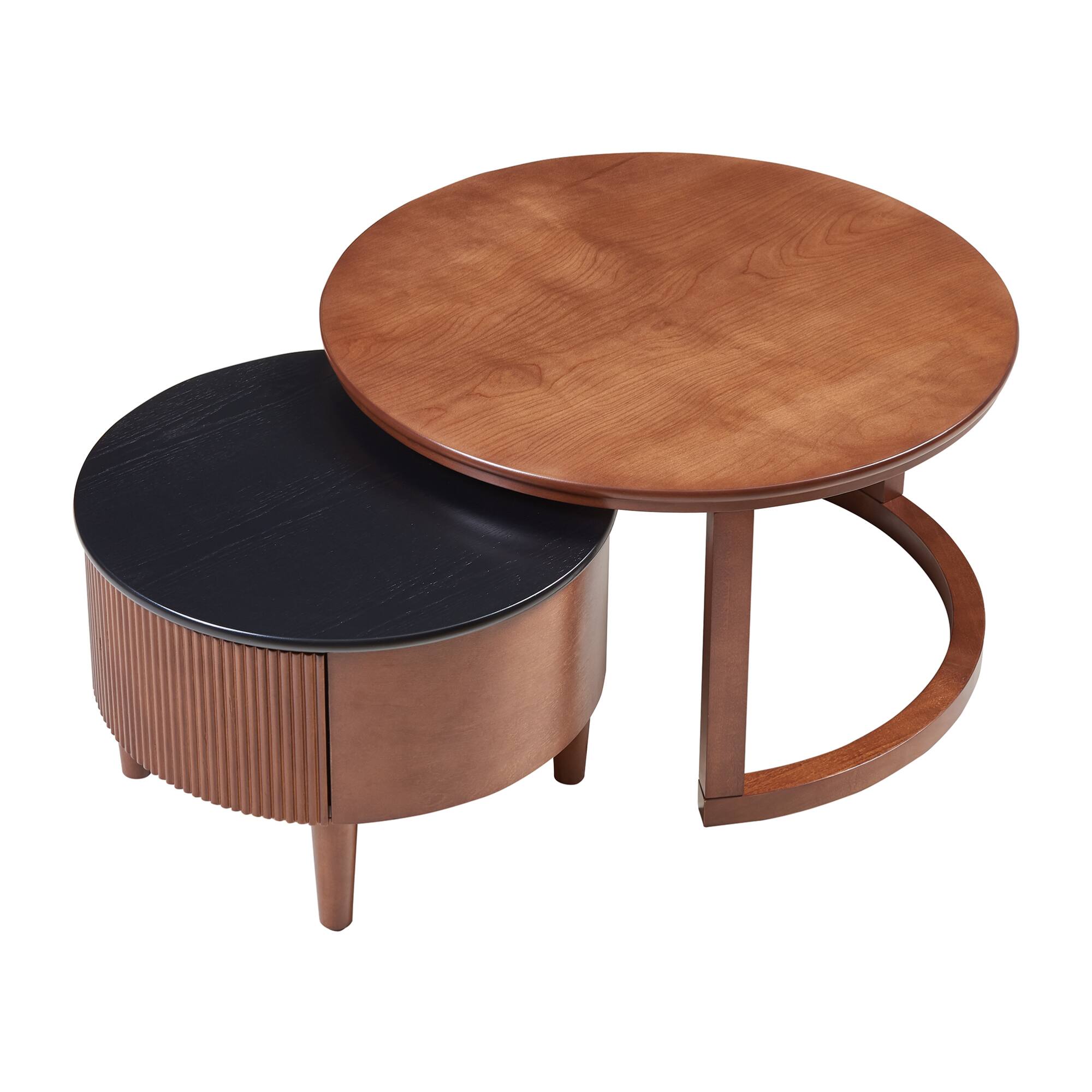 Alt View 9. GOODSILO - Vintage Round Nesting Coffee Table Set with Fluted Drawer in Two-Tone Finish - Walnut.