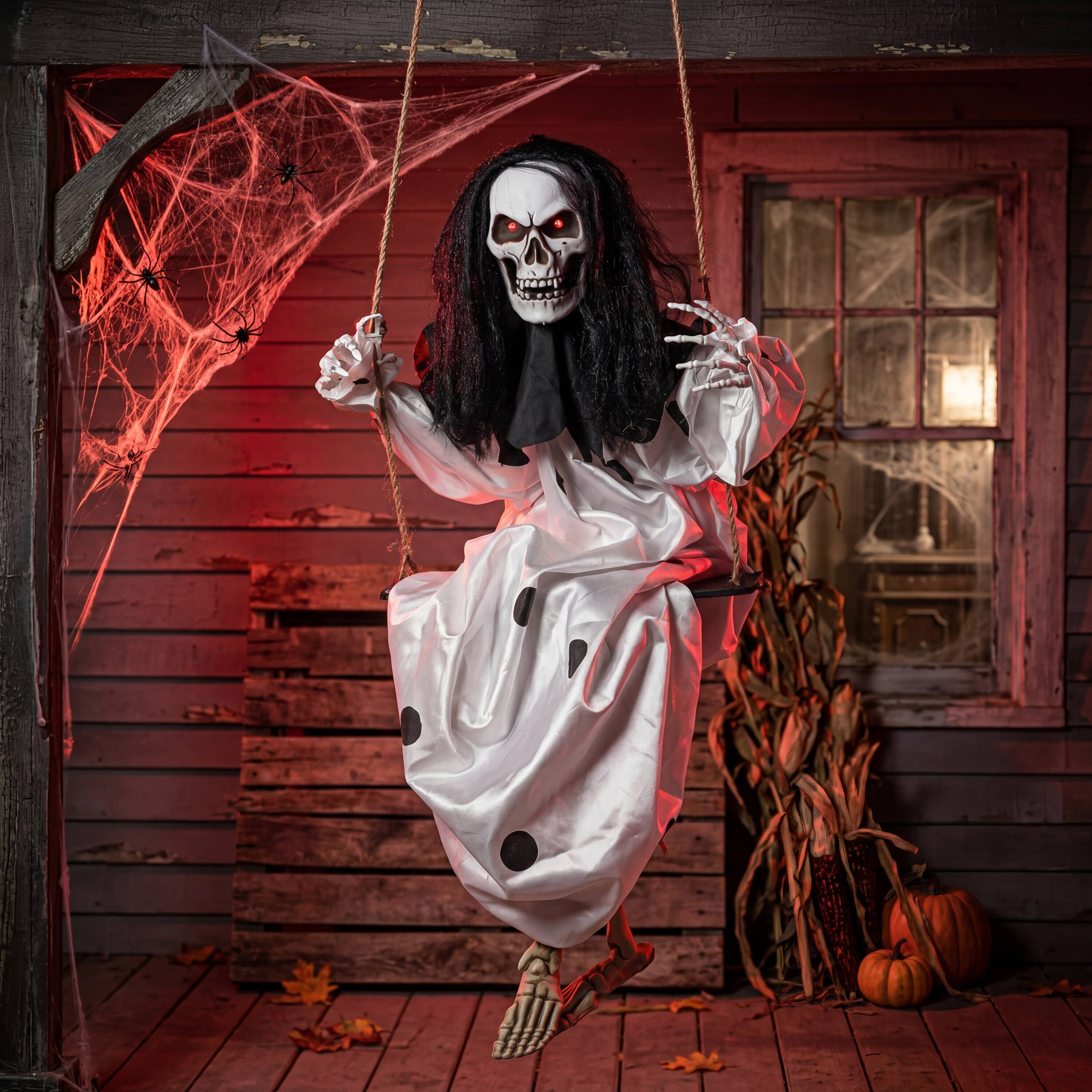Alt View 1. Joyfy - 2 Pack 36" Swinging Skeleton Halloween Decoration – Hanging Floating Skeleton Prop with Robe for Yard, Lawn & Party - Black, White.
