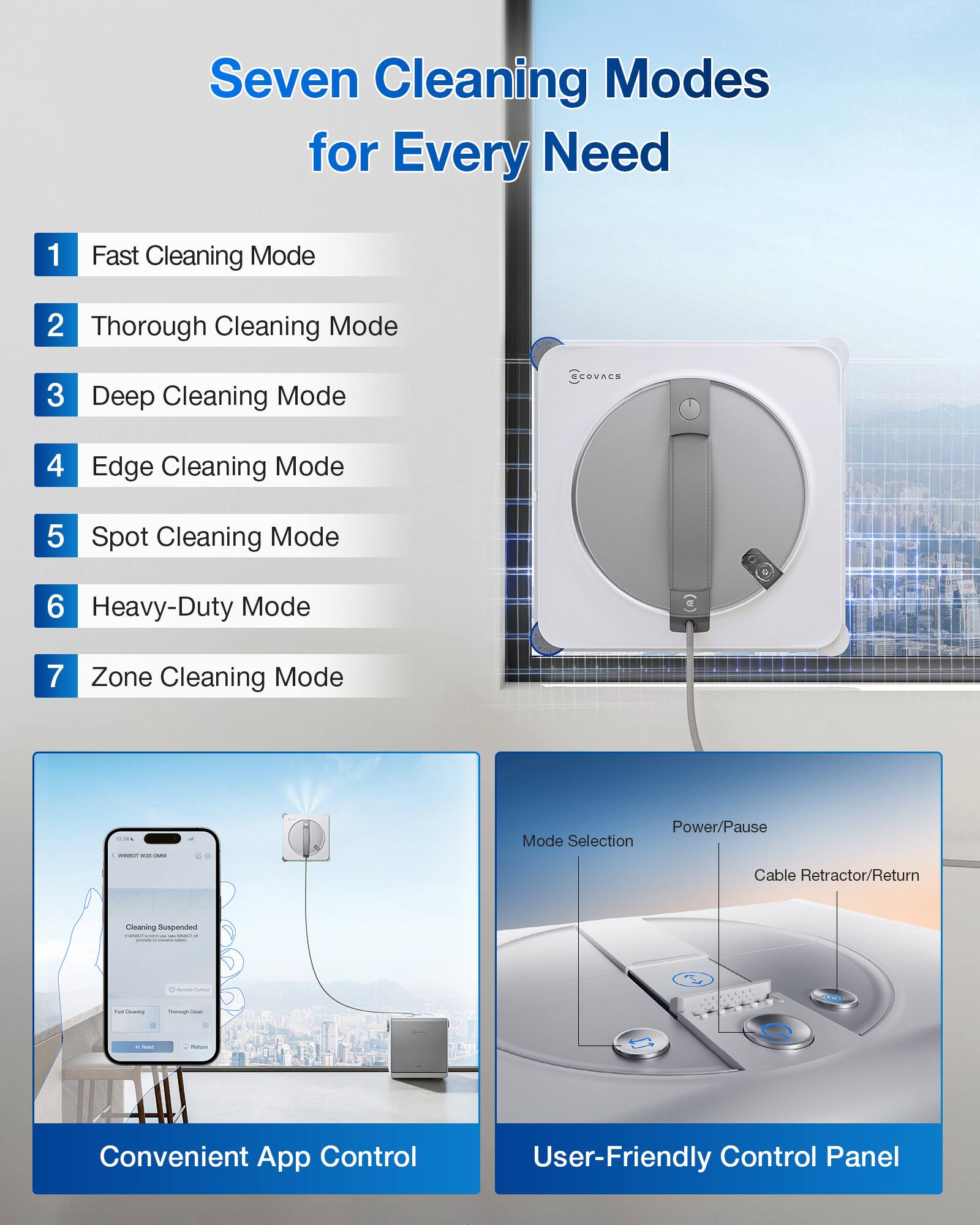 Seven Cleaning Modes for Every Need

1. Fast Cleaning Mode
2. Thorough Cleaning Mode
3. Deep Cleaning Mode
4. Edge Cleaning Mode
5. Spot Cleaning Mode
6. Heavy-Duty Mode
7. Zone Cleaning Mode

Convenient App Control

User-Friendly Control Panel

- Mode Selection
- Power/Pause
- Cable Retractor/Return