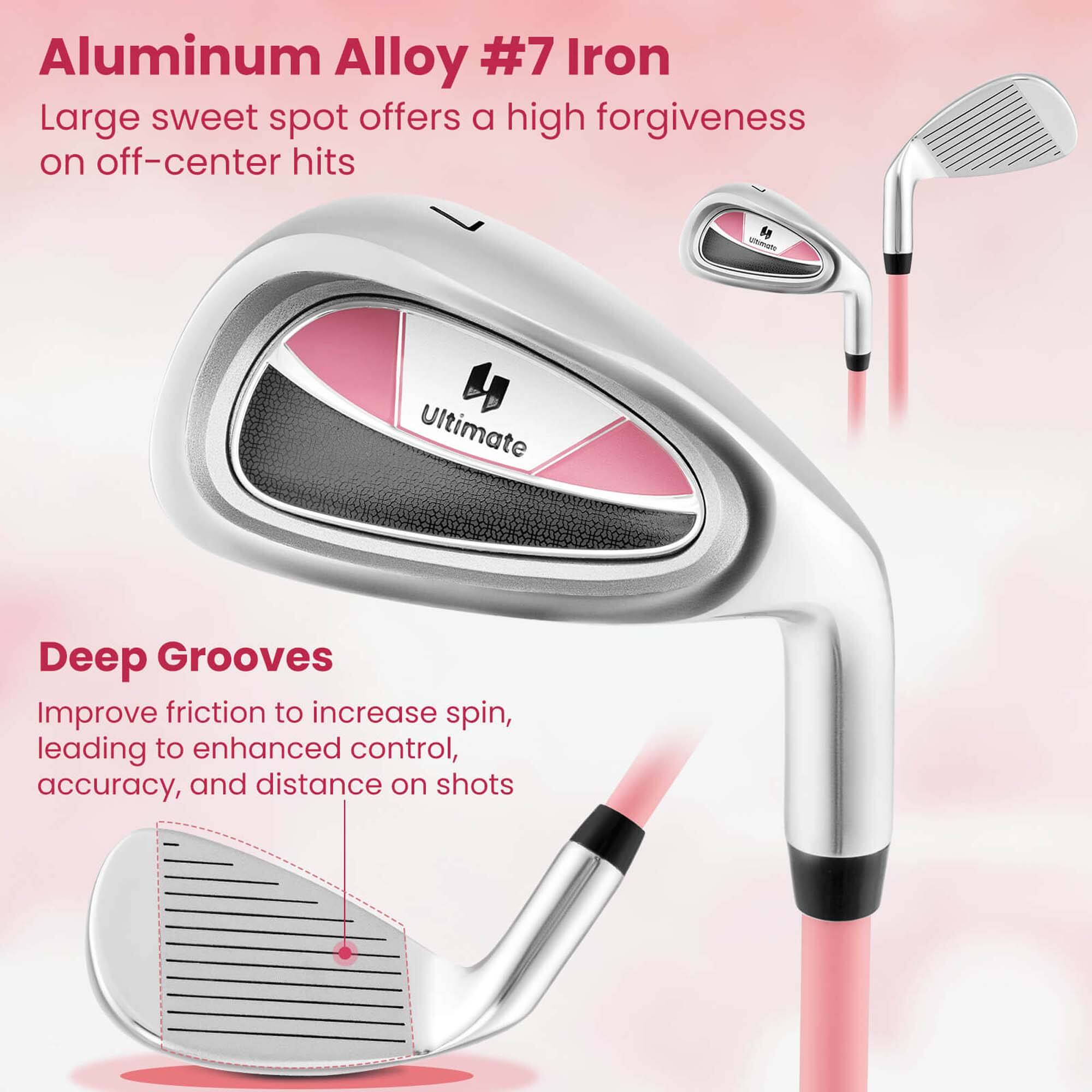 Aluminum Alloy #7 Iron  
Large sweet spot offers a high forgiveness on off-center hits  

Deep Grooves  
Improve friction to increase spin, leading to enhanced control, accuracy, and distance on shots