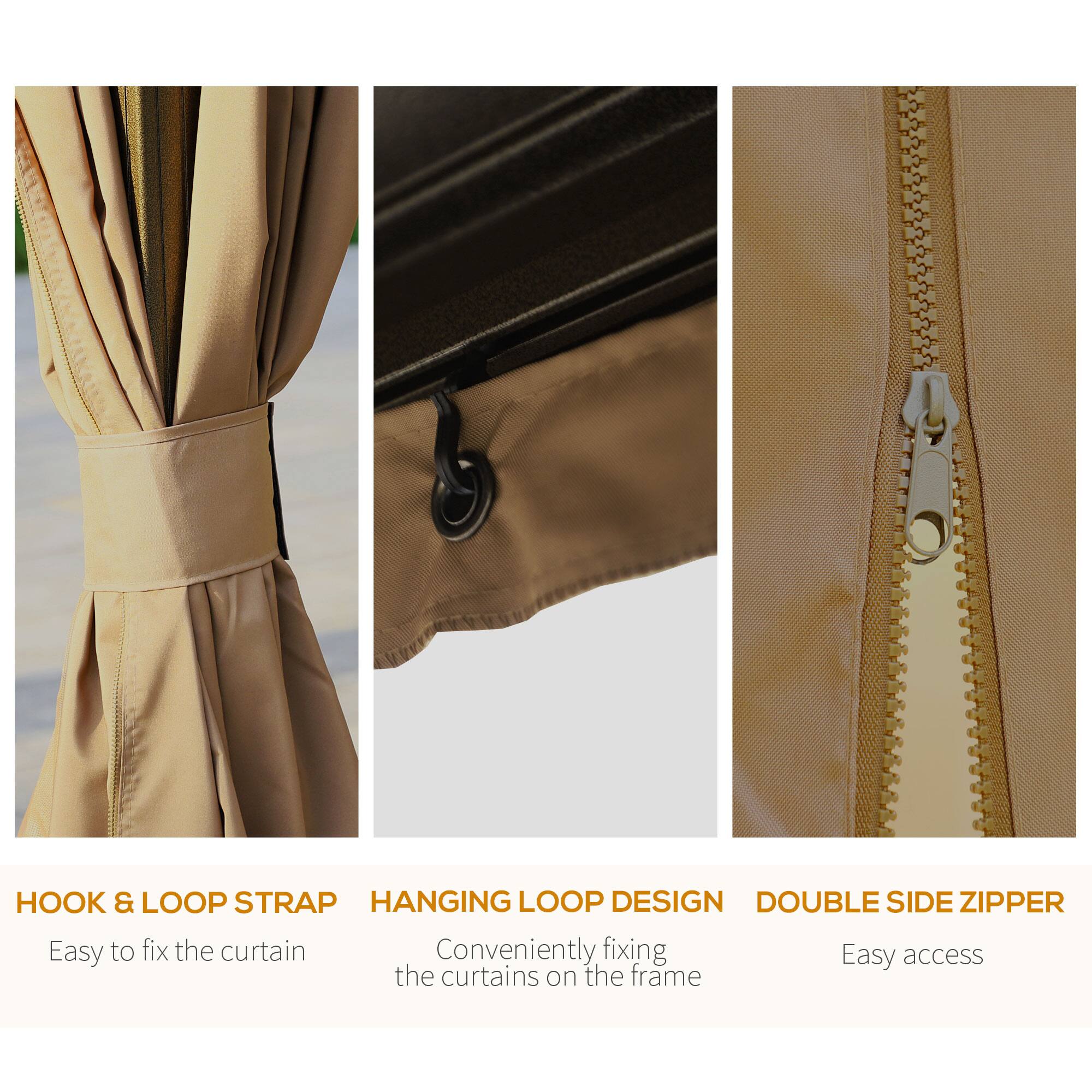 HOOK & LOOP STRAP
Easy to fix the curtain

HANGING LOOP DESIGN
Conveniently fixing the curtains on the frame

DOUBLE SIDE ZIPPER
Easy access