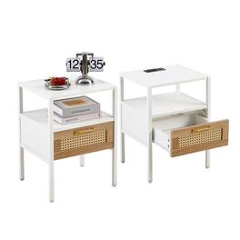 Ecooso - Set of 2 Rattan End Tables with Drawer, Built-in Power Outlet & USB Ports, Modern Nightstand for Bedroom - White