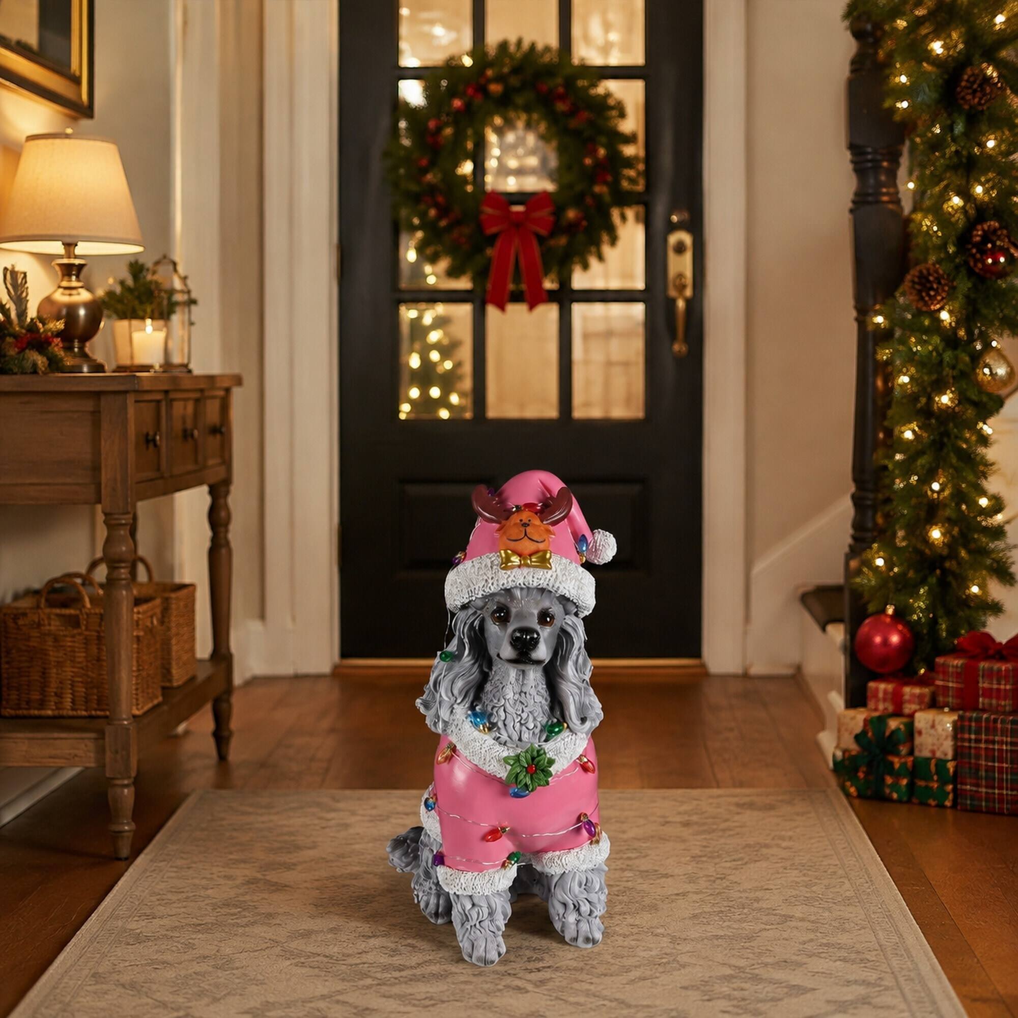 Alt View 1. RYHNUYNE - Holiday Poodle Figurine in Pink Santa Outfit with Holly Accents for Festive Indoor Display - Grey.