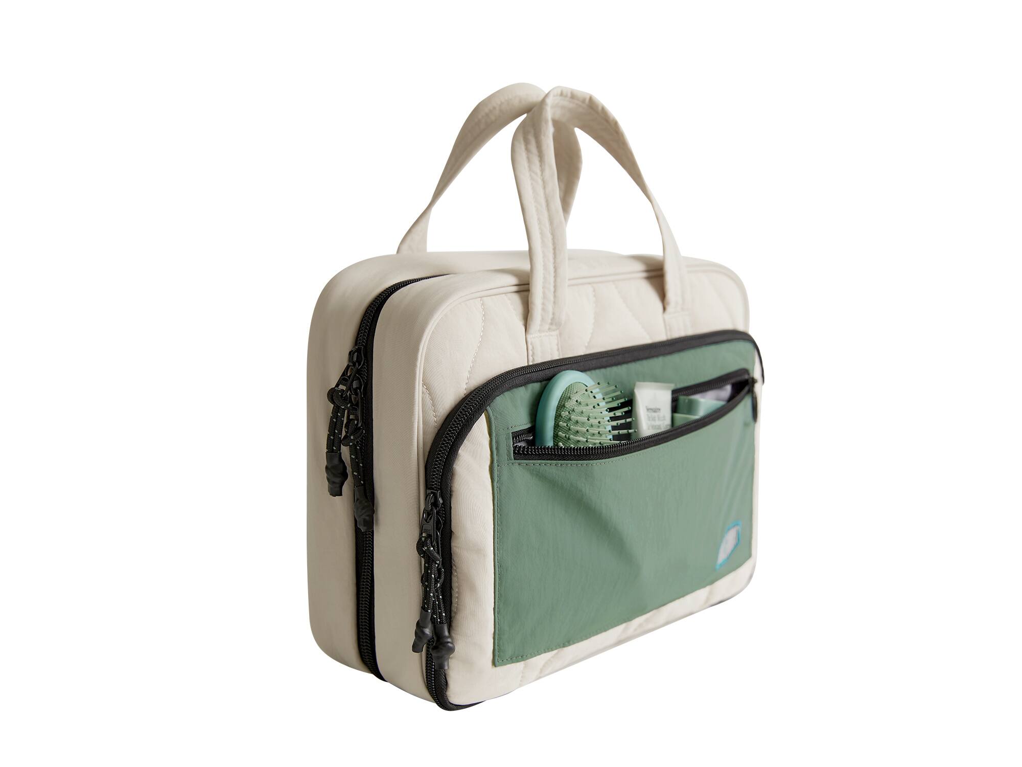Left. Bagsmart - Paz Hanging Waterproof Travel Toiletry Bag, Multi-Compartment Organizer with 360° Hook for Travel & Daily Use - Celadon.