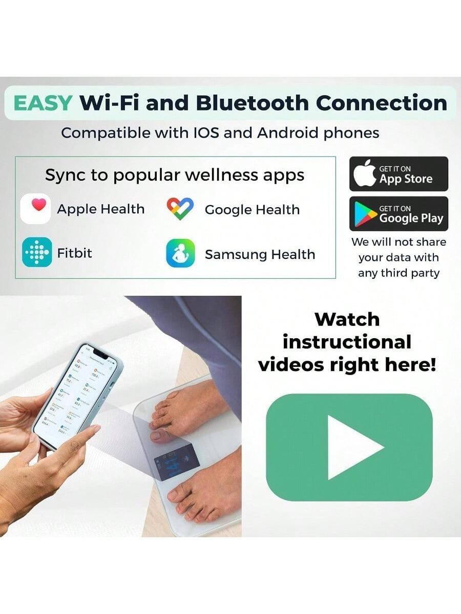 EASY Wi-Fi and Bluetooth Connection  
Compatible with iOS and Android phones  

Sync to popular wellness apps  
- Apple Health  
- Google Health  
- Fitbit  
- Samsung Health  

GET IT ON App Store  
GET IT ON Google Play  

We will not share your data with any third party  

Watch instructional videos right here!