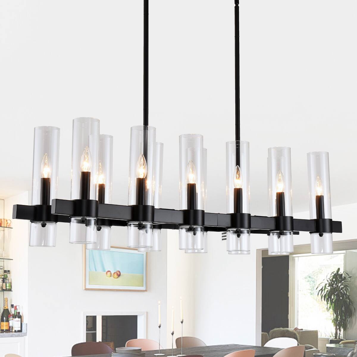 Front. Loheer - Loheer Modern Farmhouse Chandelier with Clear Glass Shades, Matte Black Linear Pendant for Dining Room or Kitchen Island.