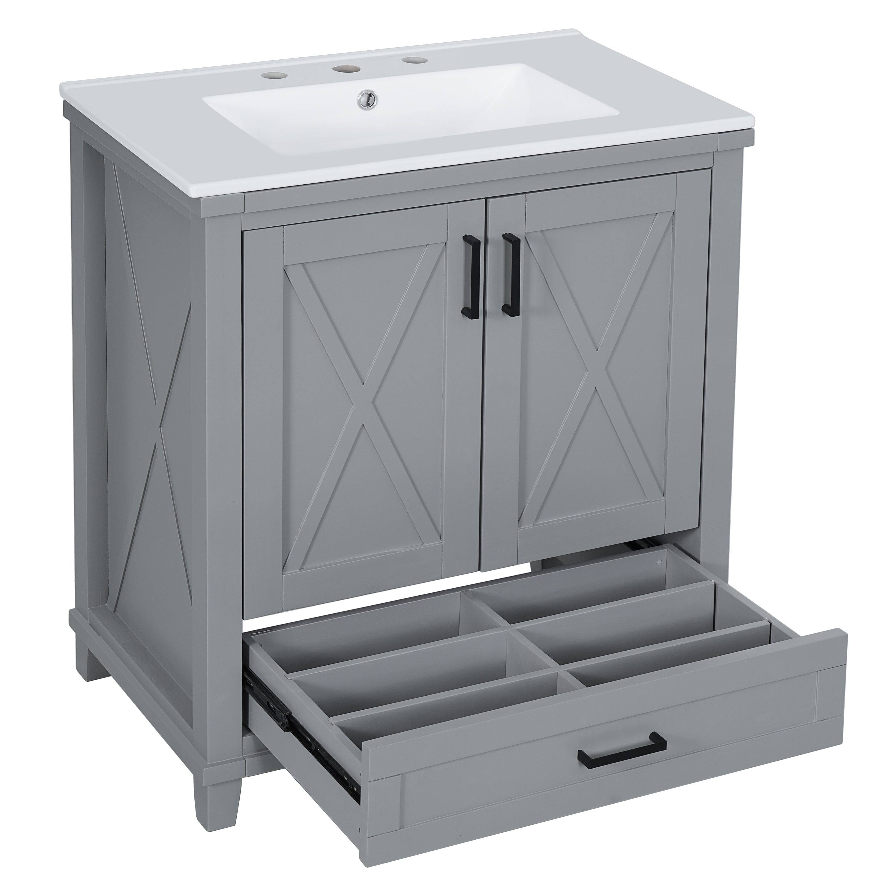 Back. Boyel Living - 30 Inch Gray Bathroom Vanity with Ceramic Sink Solid Wood Frame MDF 2 Soft Close Doors 1 Drawer Dual Storage Shelves - Gray.