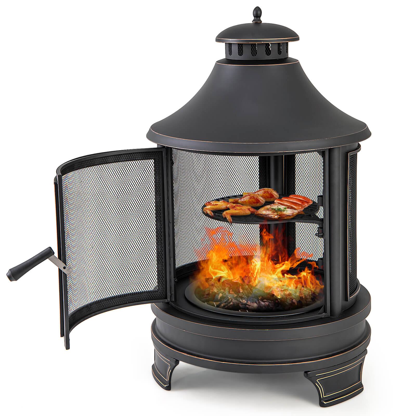 Alt View 19. Costway - 30 Inch Outdoor Fire Pit Chiminea w/ Grill Chimney Spark Screen Door Fire Poker - Black.