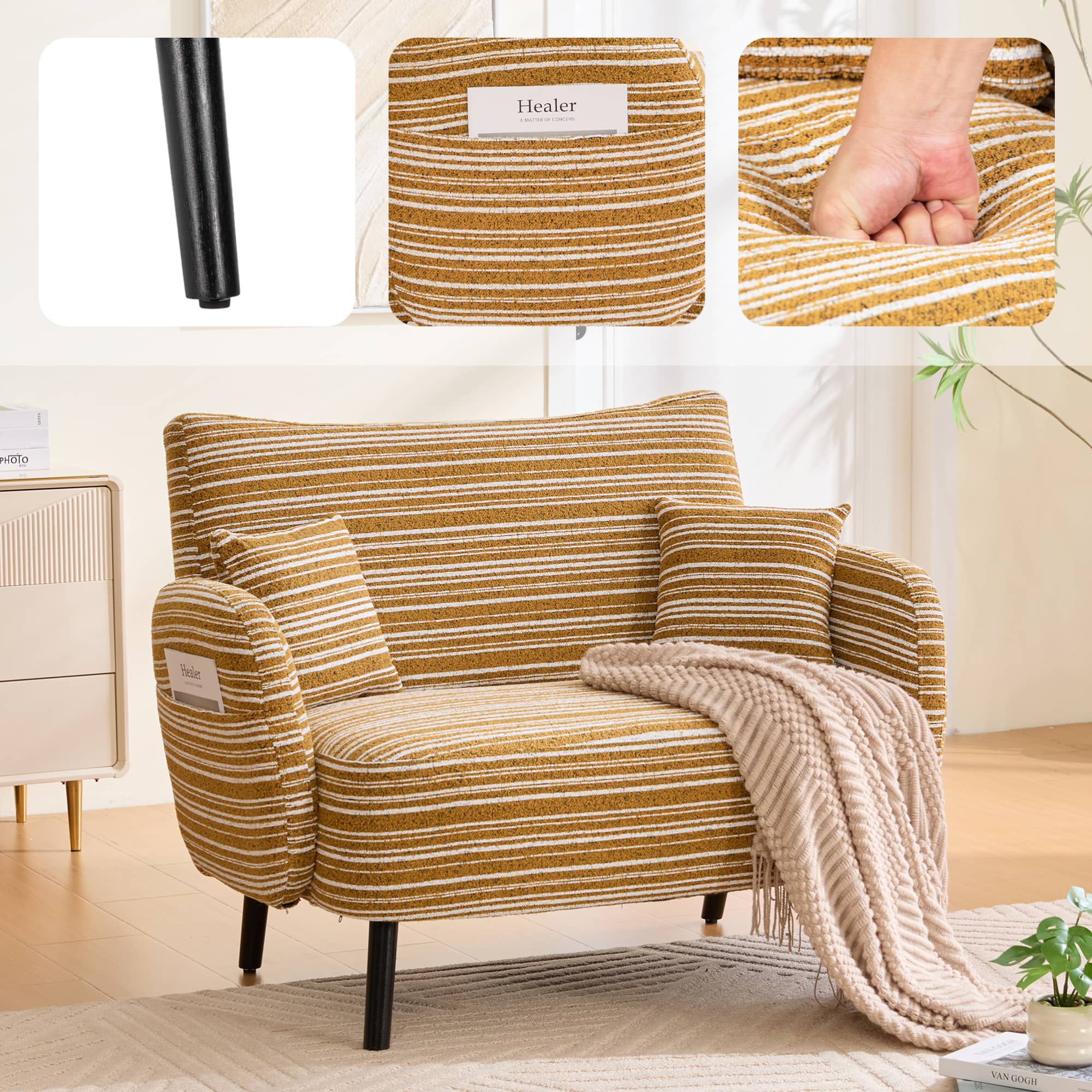 GOODSILO - Modern Two-Seater Sofa with Ultra-Comfortable Armrests and Storage Pockets for Small Spaces - Mustard Yellow