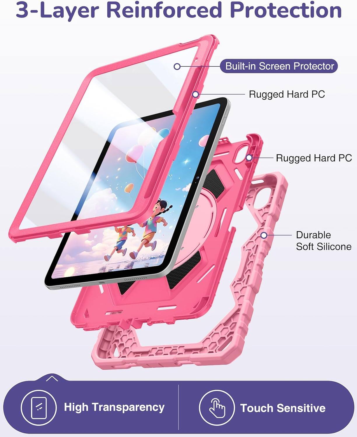3-Layer Reinforced Protection  
Built-in Screen Protector  
Rugged Hard PC  
Rugged Hard PC  
Durable Soft Silicone  
High Transparency  
Touch Sensitive