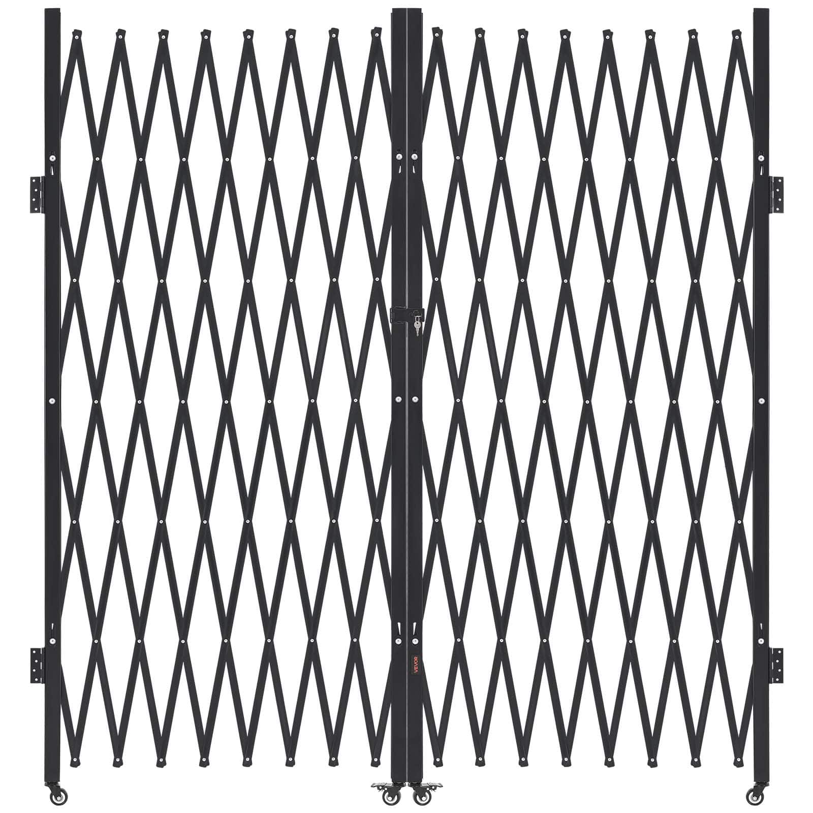 VEVOR - Double Folding Security Gate, Lockable Scissor Gate with 360° Swivel Casters, Outdoor Barricade Steel Retractable Gates - Black