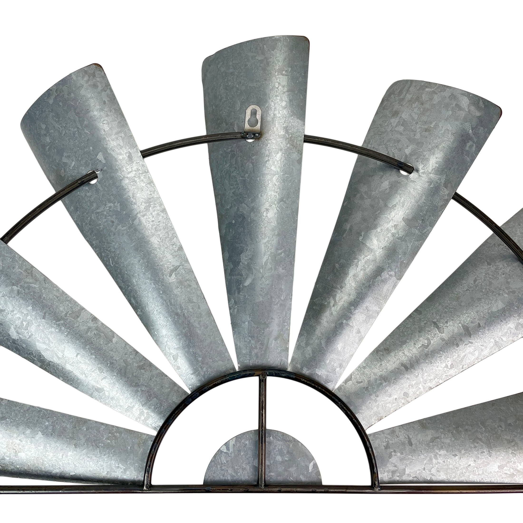 Alt View 7. Zeckos - Distressed Rustic Galvanized Metal Half Moon Windmill Wall Art Sculpture - Silver.