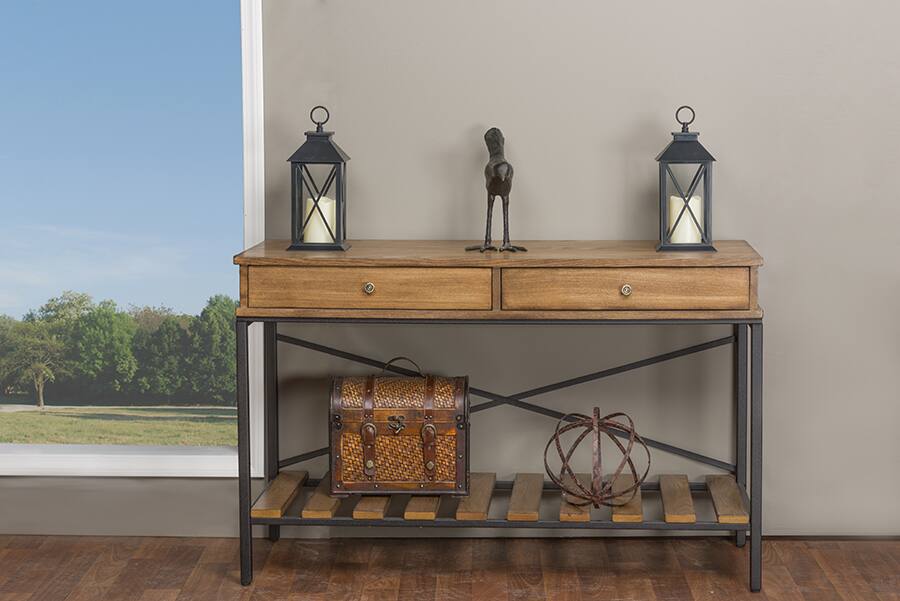 Alt View 1. Baxton Studio - Newcastle Wood and Metal Console Table-Criss-Cross - Brown/Antique Bronze.