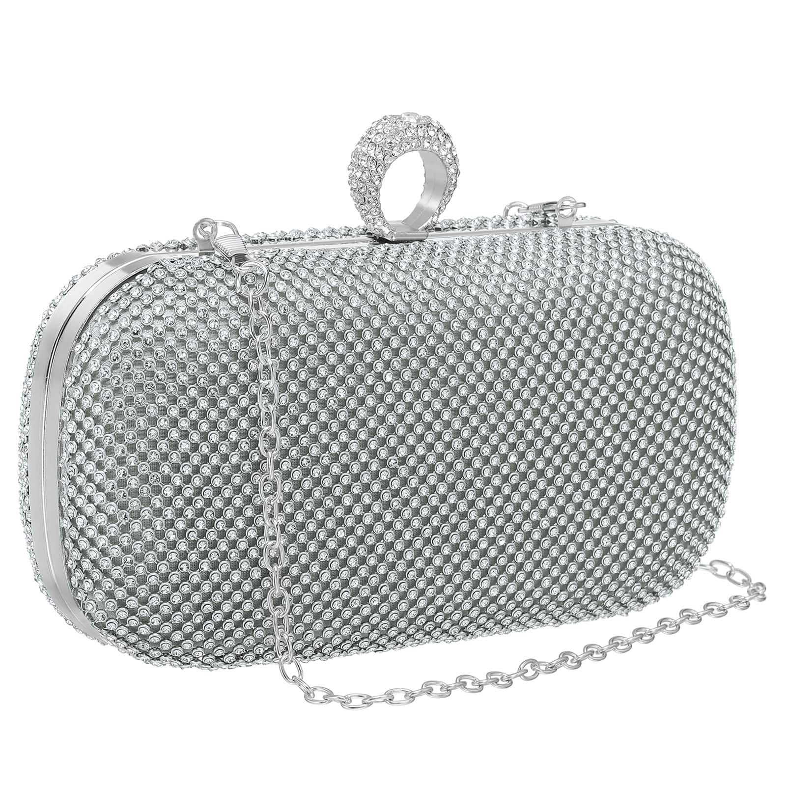 Unique Bargains - Sparkly Rhinestone Evening Clutch Purse for Women, Vintage Crystal Ring Clasp Handbag for Bridal Wedding 1920s Party - Silver