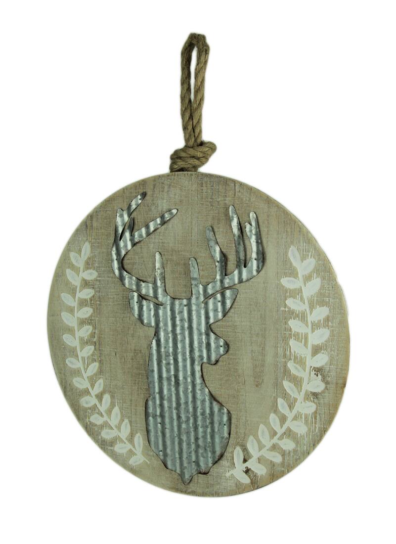 Front. Audrey's - Rustic Wood and Metal Deer Head Round Wall Hanging - Beige.