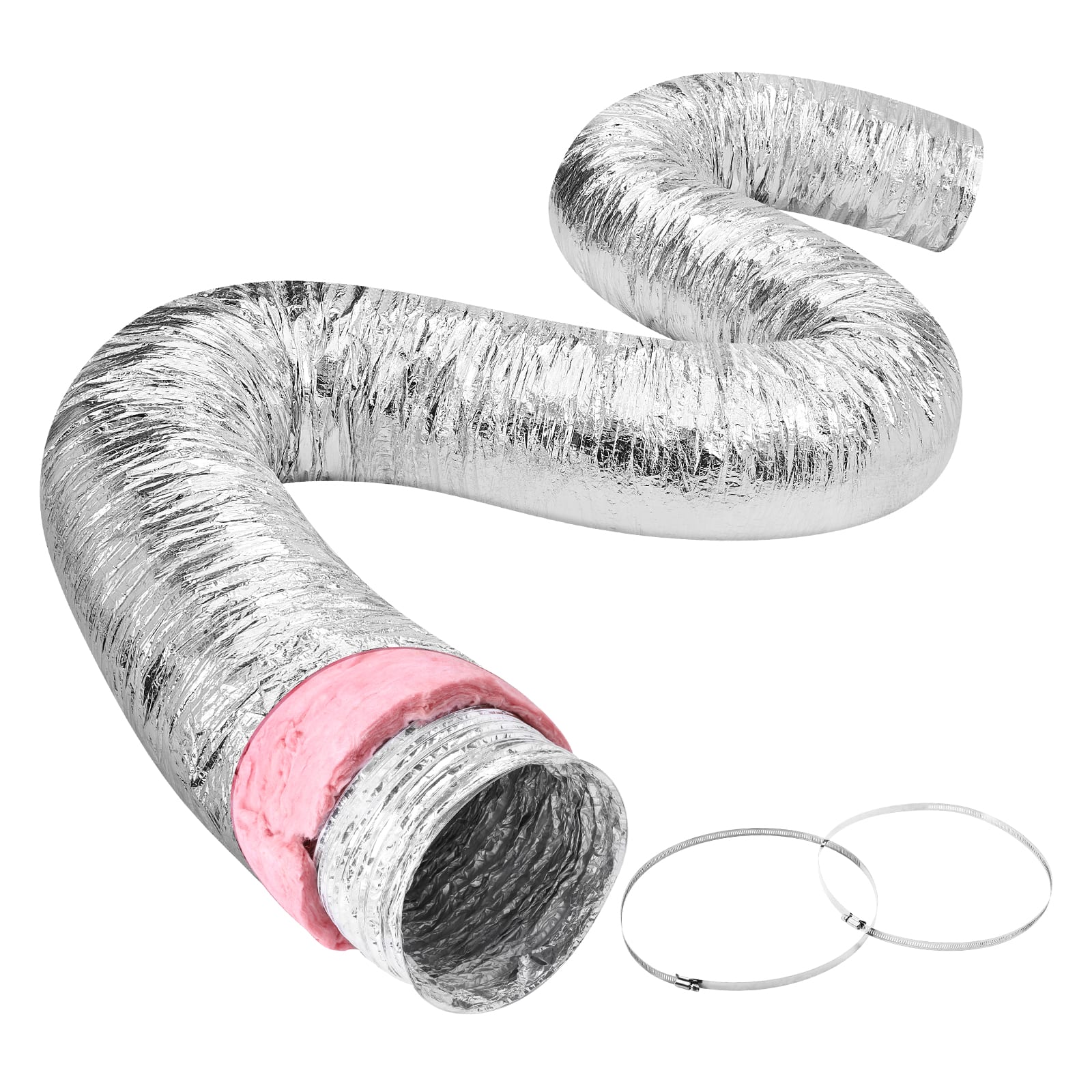 VEVOR - Dryer Vent Hose, 8'' Insulated Flexible Duct 25FT Long with 2 Duct Clamps, Heavy-Duty Three Layer Protection - Silver