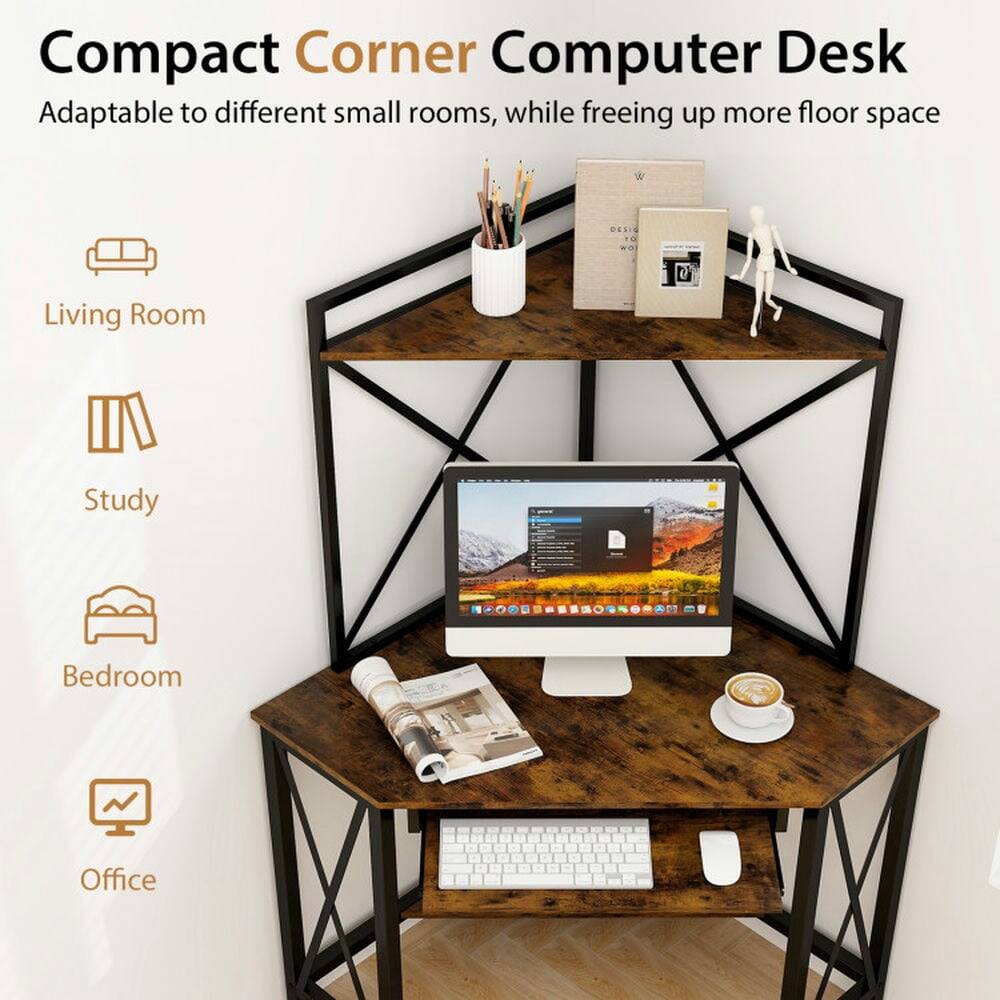 Compact Corner Computer Desk  
Adaptable to different small rooms, while freeing up more floor space  

Living Room  
Study  
Bedroom  
Office