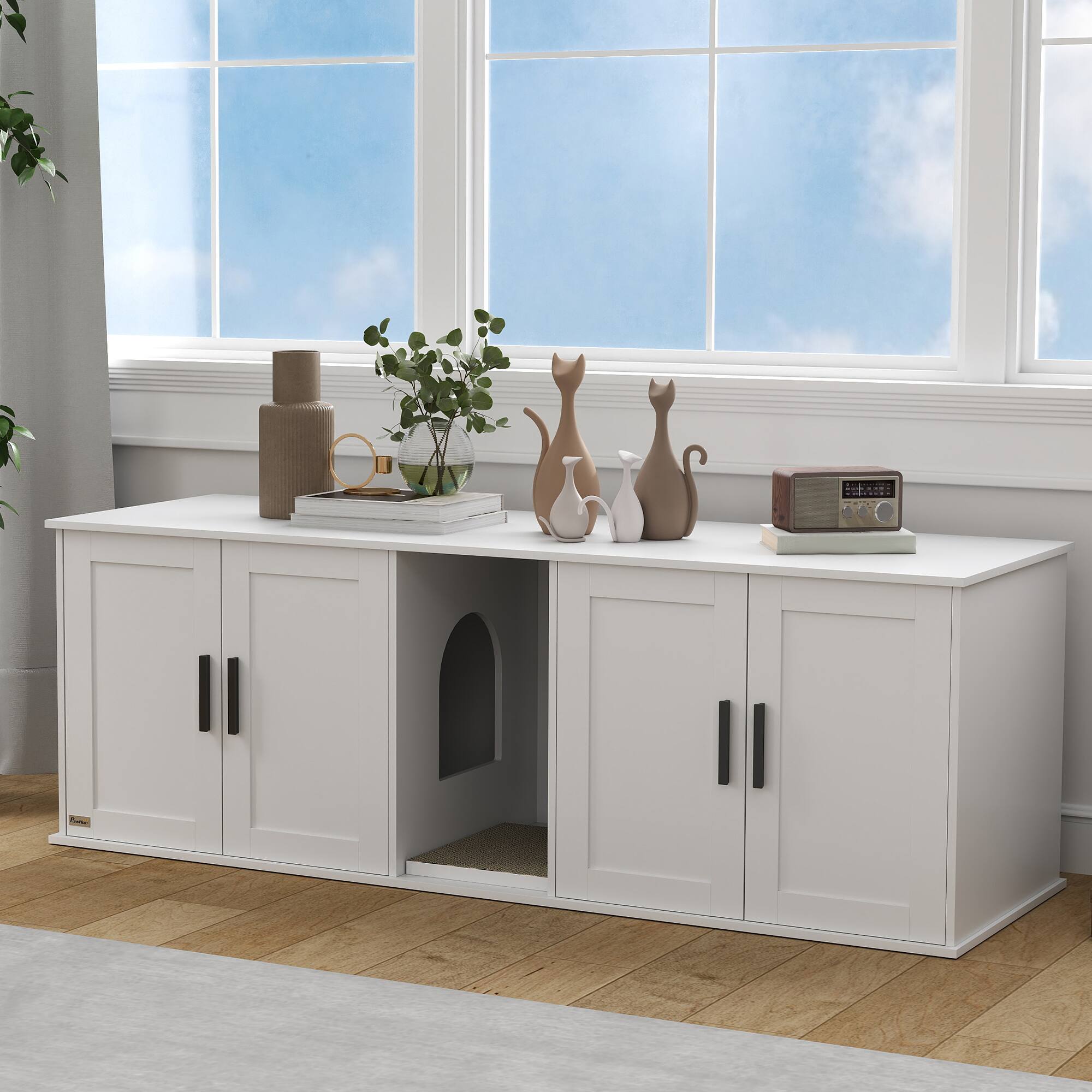 Alt View 5. Pawhut - Cat Litter Box Enclosure for 2 Cats, Hidden Litter Box Furniture, Kitty Washroom Furniture, 57" x 19" x 20" - White.