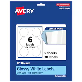 Avery - Round Labels with Sure Feed, 3" Diameter, 30 Glossy Labels - White