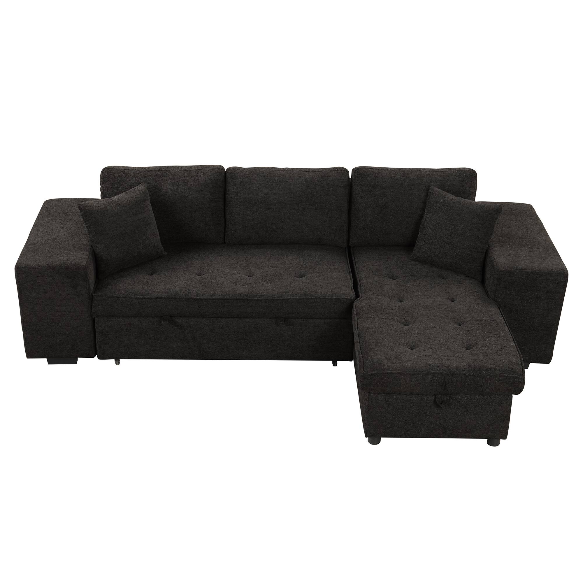 Left. LUCKY ONE - 104.5" L-Shape Reversible Pull-Out Sleeper Sectional Sofa with Storage Chaise & 2 Stools - Charcoal grey.