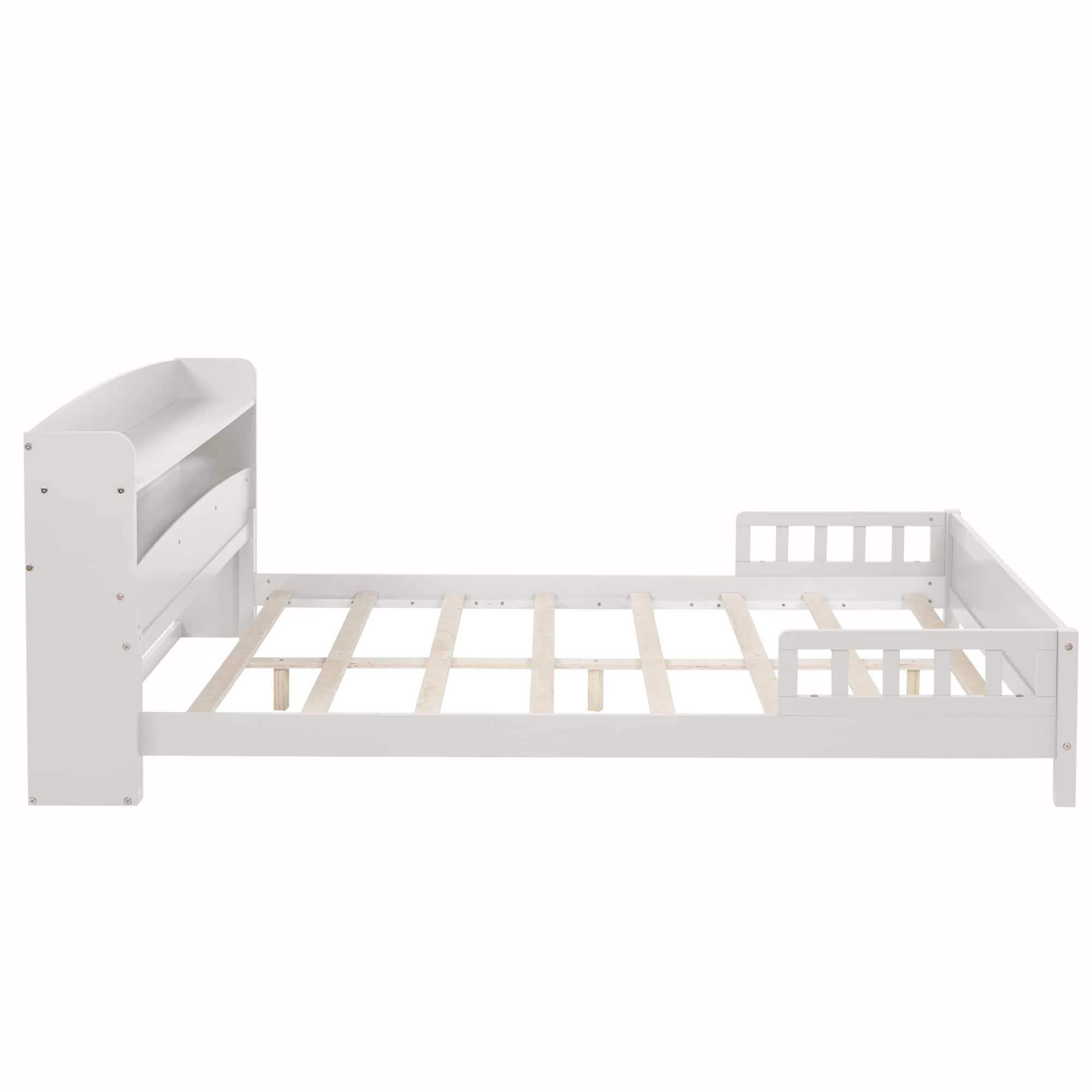 GOODSILO - Full Size Wooden Bed with Integrated Bookshelf Headboard and LED Motion Sensor Lighting System - White