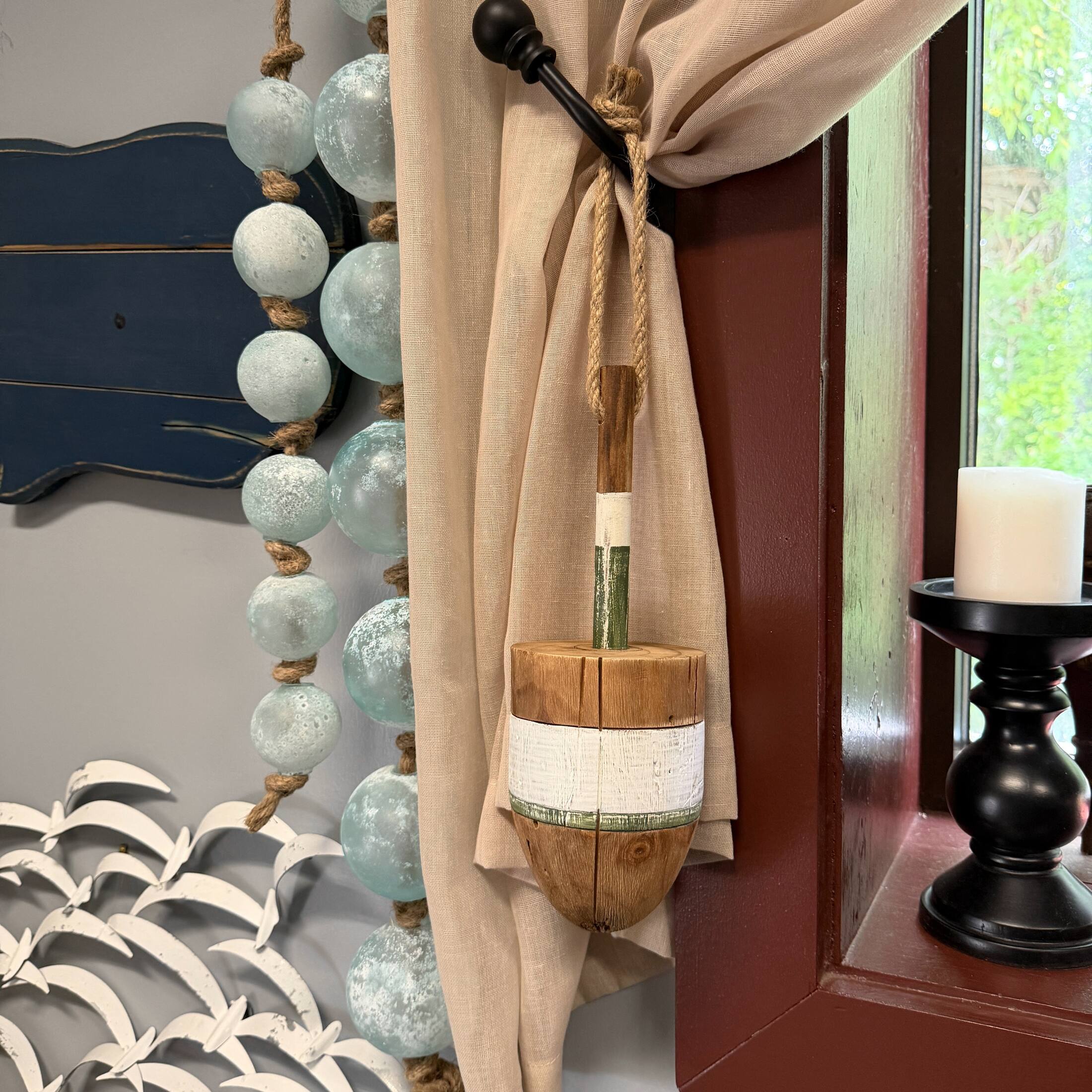 Alt View 6. Things2Die4 - Nautical Wooden Hanging Buoy White Green Striped Rope Wall Decor 15 Inch - White.