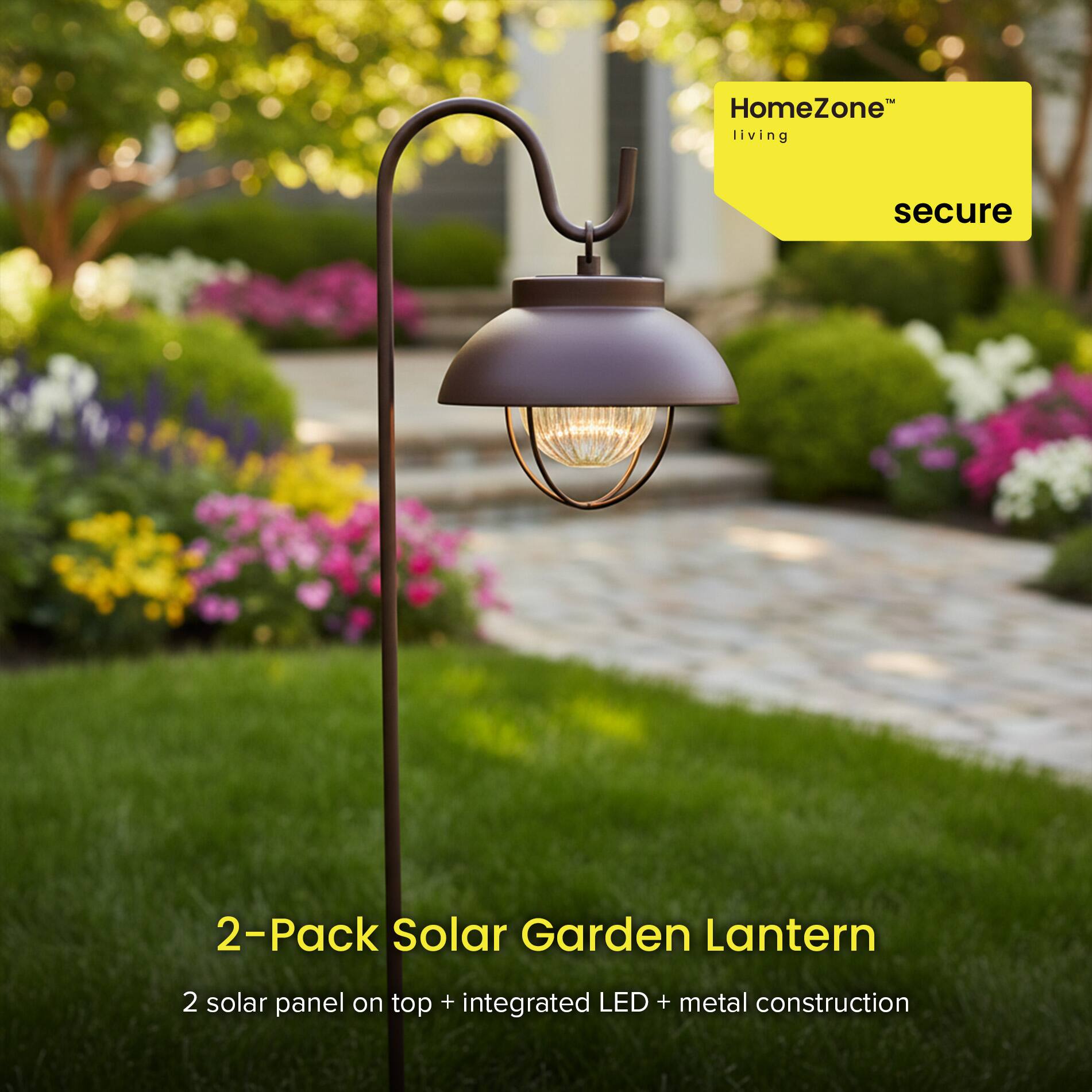HomeZone living secure  
2-Pack Solar Garden Lantern  
2 solar panel on top + integrated LED + metal construction