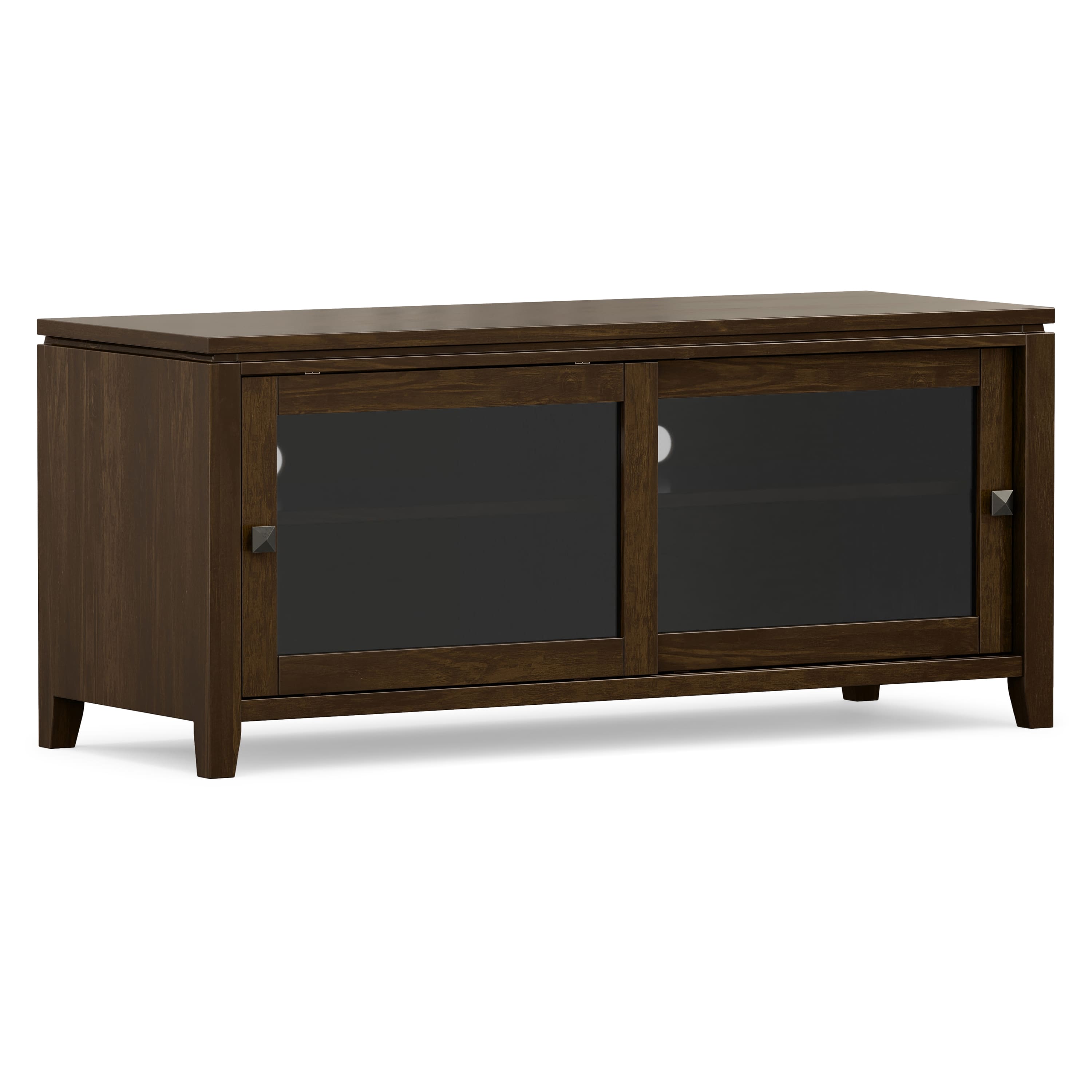 Front. Simpli Home - Cosmopolitan 48W Low TV Stand with Sliding Glass Doors - Mahogany Brown.