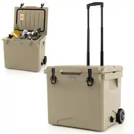 Costway - 42 Qt Portable Cooler Roto Molded Ice Chest Insulated 5-7 Days with wheels Handle - Tan