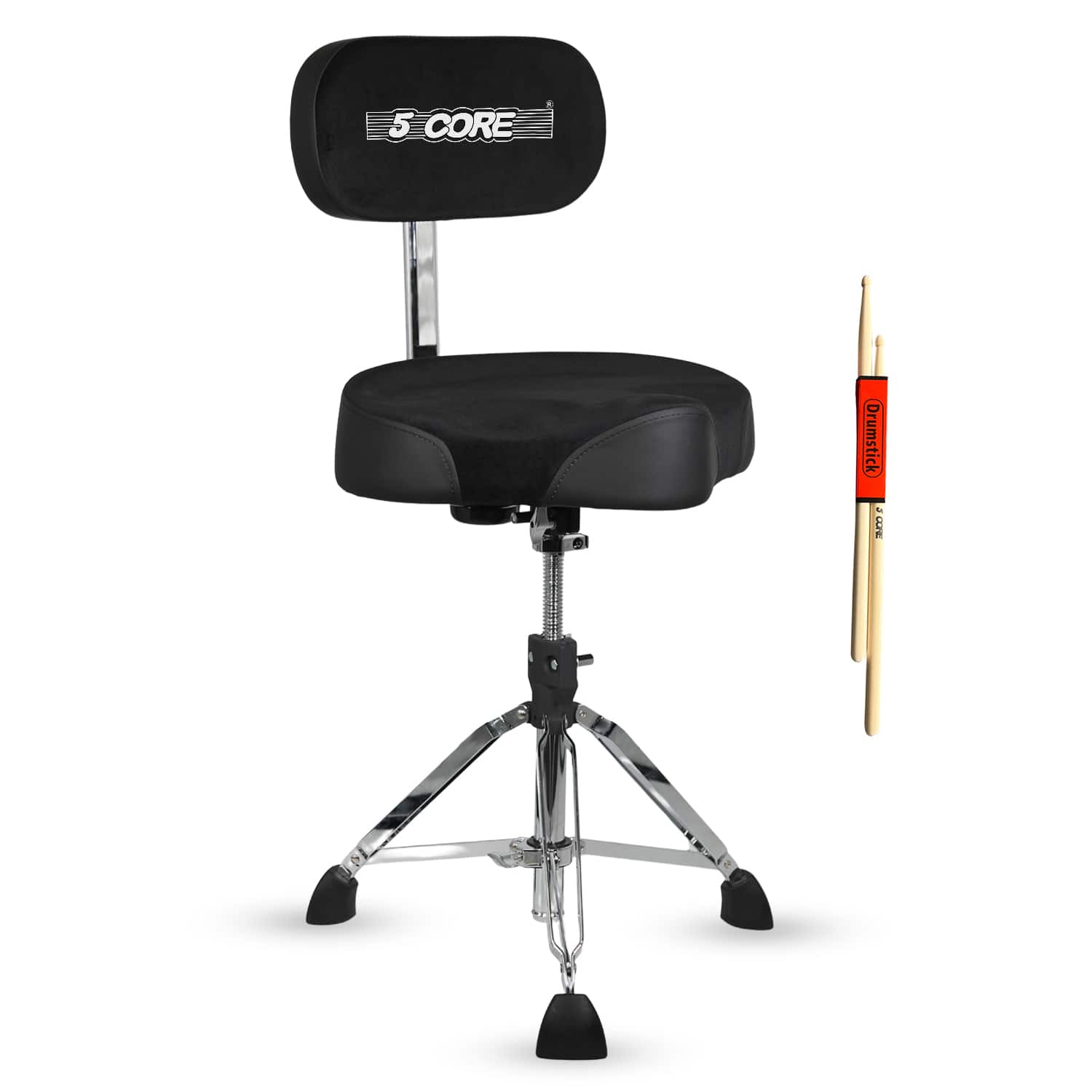5 CORE - Drum Throne w Backrest 4" Padded Adjustable 26.5" Drummer Chair w Velvet Top 441Lb Capacity - Black