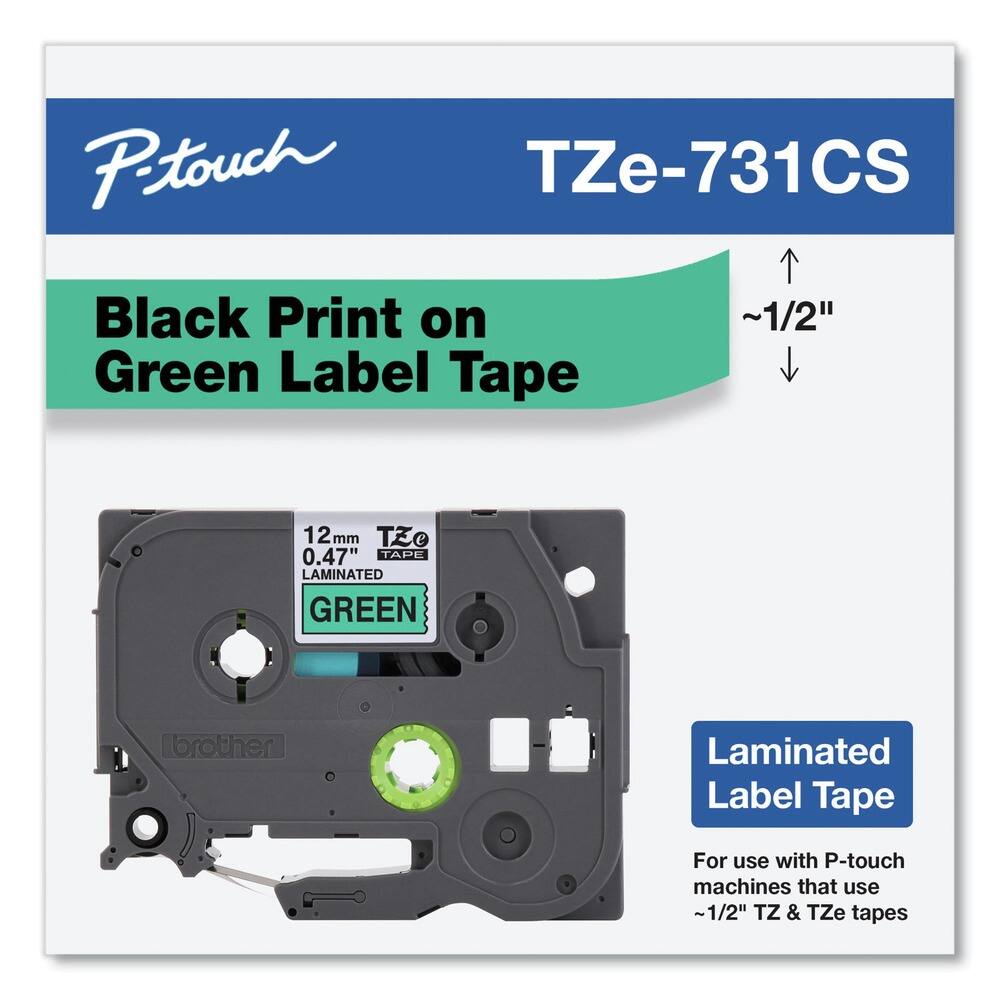 P-touch  
TZe-731CS  

Black Print on Green Label Tape  

12mm  
0.47"  
LAMINATED  
GREEN  

Laminated Label Tape  

For use with P-touch machines that use ~1/2" TZ & TZe tapes