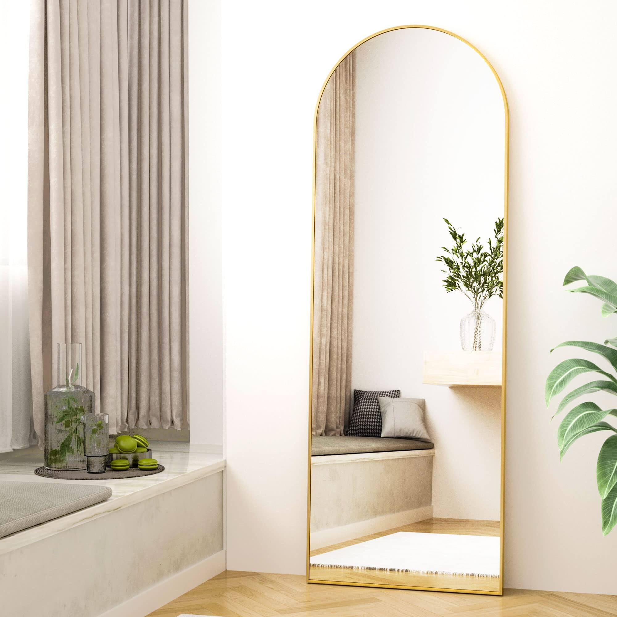Alt View 3. HOMLUX - Arched Full Length Floor Mirror Gold Aluminum Frame Free Standing Leaning Wall Mount for Bedroom Entryway.