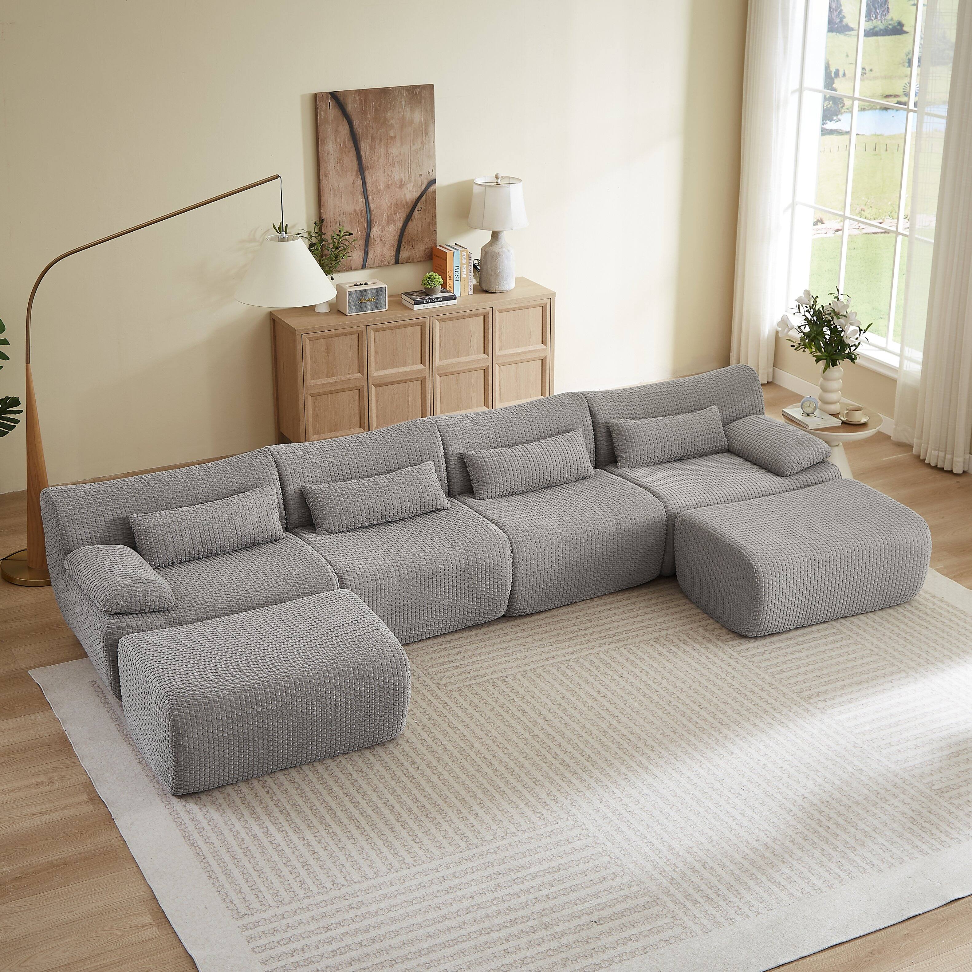 Back. Anysun - 6 Seat U-Shape Convertible Sectional Couch with Ottoman, Cloud Comfort Corduroy Fabric Sofa for Living Room - Gray.