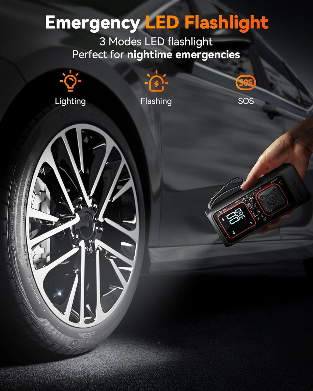 Emergency LED Flashlight  
3 Modes LED flashlight  
Perfect for nighttime emergencies  
SOS Lighting  
Flashing SOS