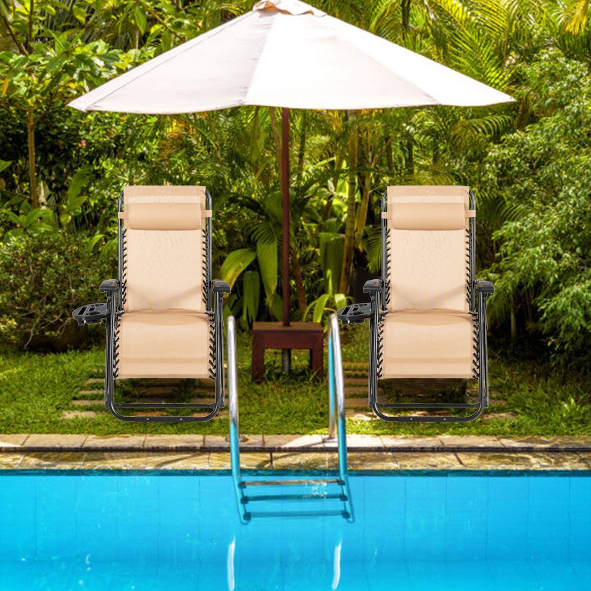 Alt View 3. Costway - Costway 2PC Zero Gravity Chair Oversize Lounge Patio Heavy Duty Folding Recliner - Beige.