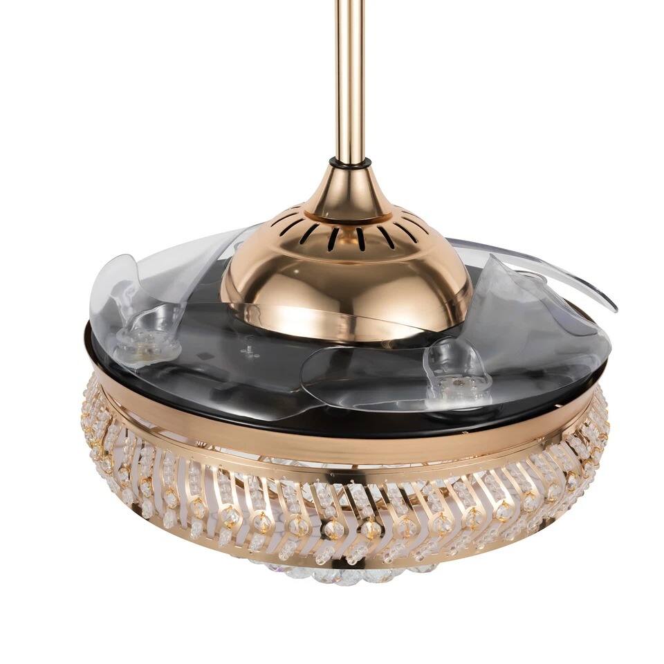Alt View 4. Home Collection - 42" Crystal Retractable Ceiling Fan Light with Remote, LED Gold Chandelier.