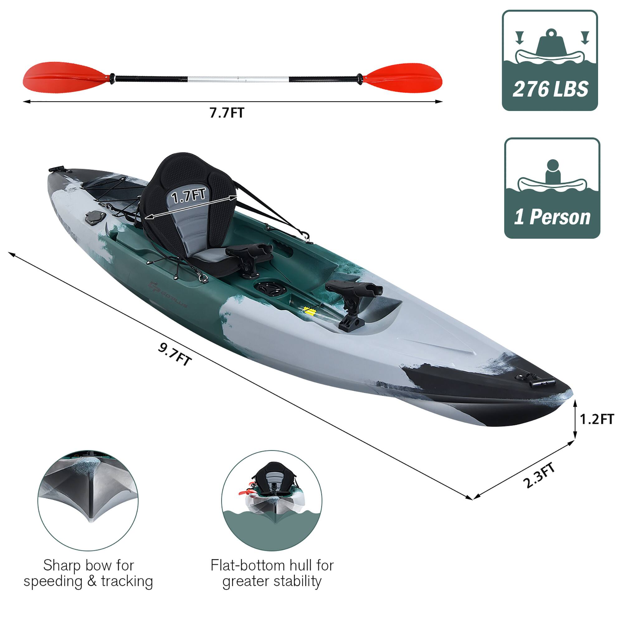 The text on the image can be grouped and corrected as follows:

1.7FT 1 Person: This is a description of the boat's capacity, indicating that it can accommodate one person.

7.7FT: This is the boat's length, which is 7.7 feet long.

276 LBS: This is the boat's weight, which is 276 pounds.

9.7FT 1.2FT 2.3FT: This is a description of the boat's dimensions, indicating that it is 9.7 feet long, with a width of 1.2 feet and a height of 2.3 feet.

Sharp bow for speeding & tracking: This is a description of the boat's design, indicating that it has a sharp bow to enhance speed and tracking capabilities.

Flat-bottom hull for greater stability: This is a description of the boat's hull design, indicating that it has a flat-bottom hull for improved stability.