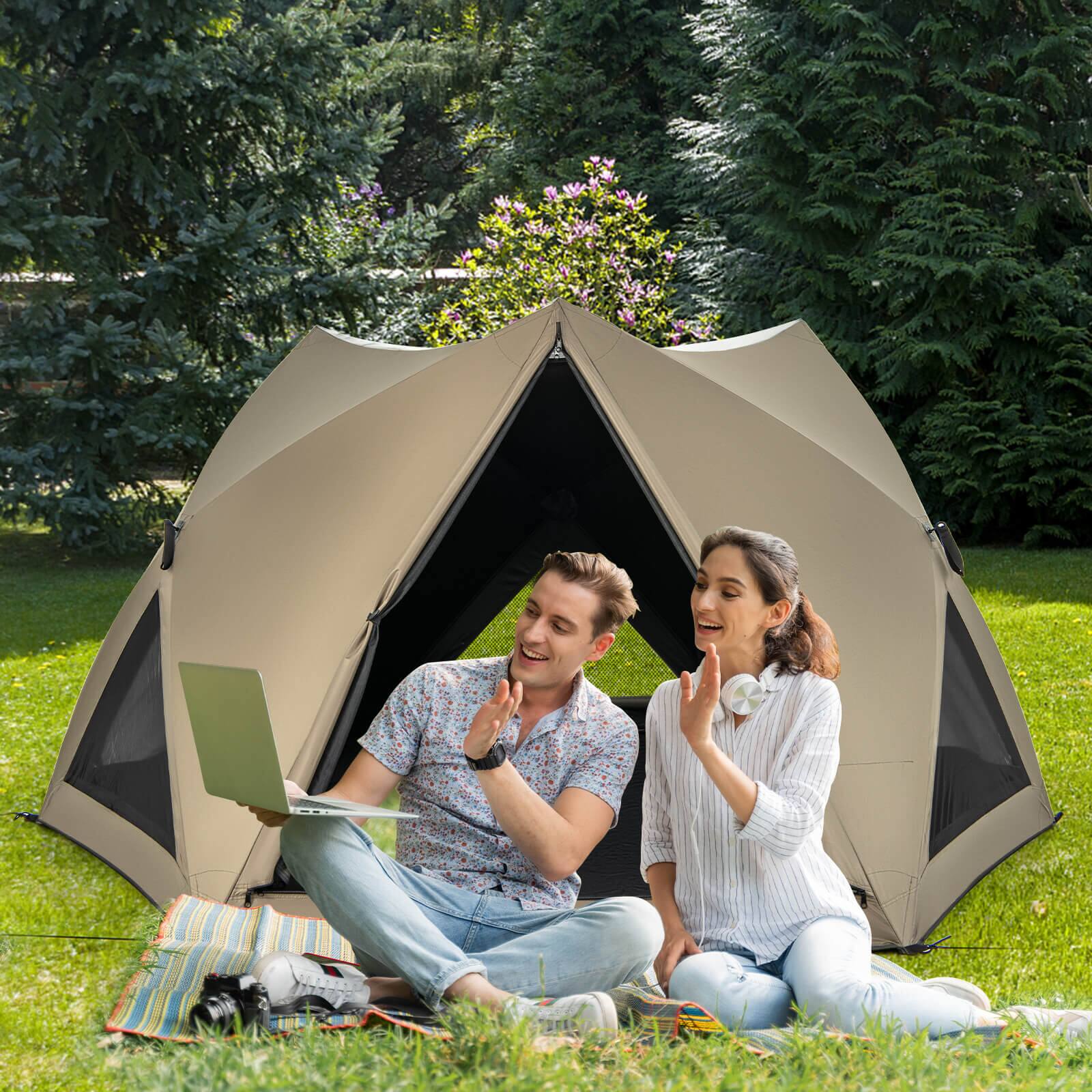 Angle. Costway - Pop-up Camping Tent for 4/5/6 People with Rainfly Skylight 3 Doors 3 Windows - Olive Green.