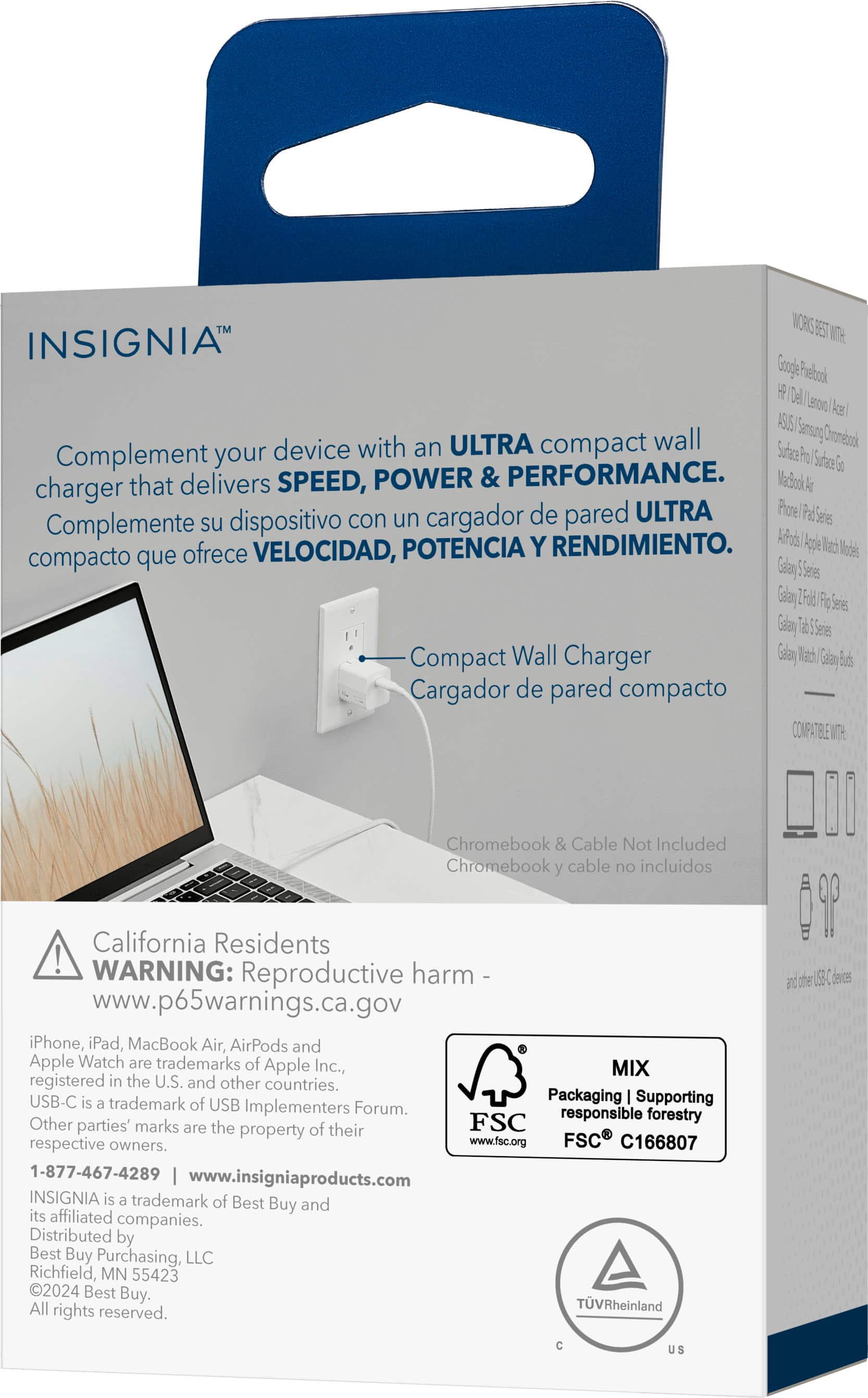 Insignia Ultra Compact Wall Charger with USB-C, Compatible with Chromebook, iPhone, iPad, MacBook Air, AirPods, and Apple Watch.