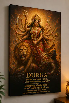 DURGA
DIVINE FEMININE POWER, PROTECTION FROM NEGATIVITY.
ॐ श्री दुर्गायै नमः।
Salutations to the Divine Mother,
who exists in all beings as power and protection.