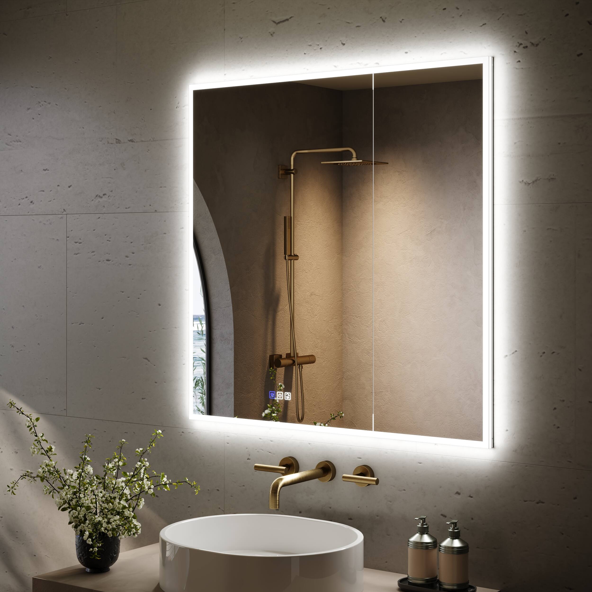Left. WELLFOR - 36 in. W x 36 in. H Square Recessed/Surface Mount LED Medicine Cabinet with Mirror, 3x Magnifier, USB, Type C - Silver.