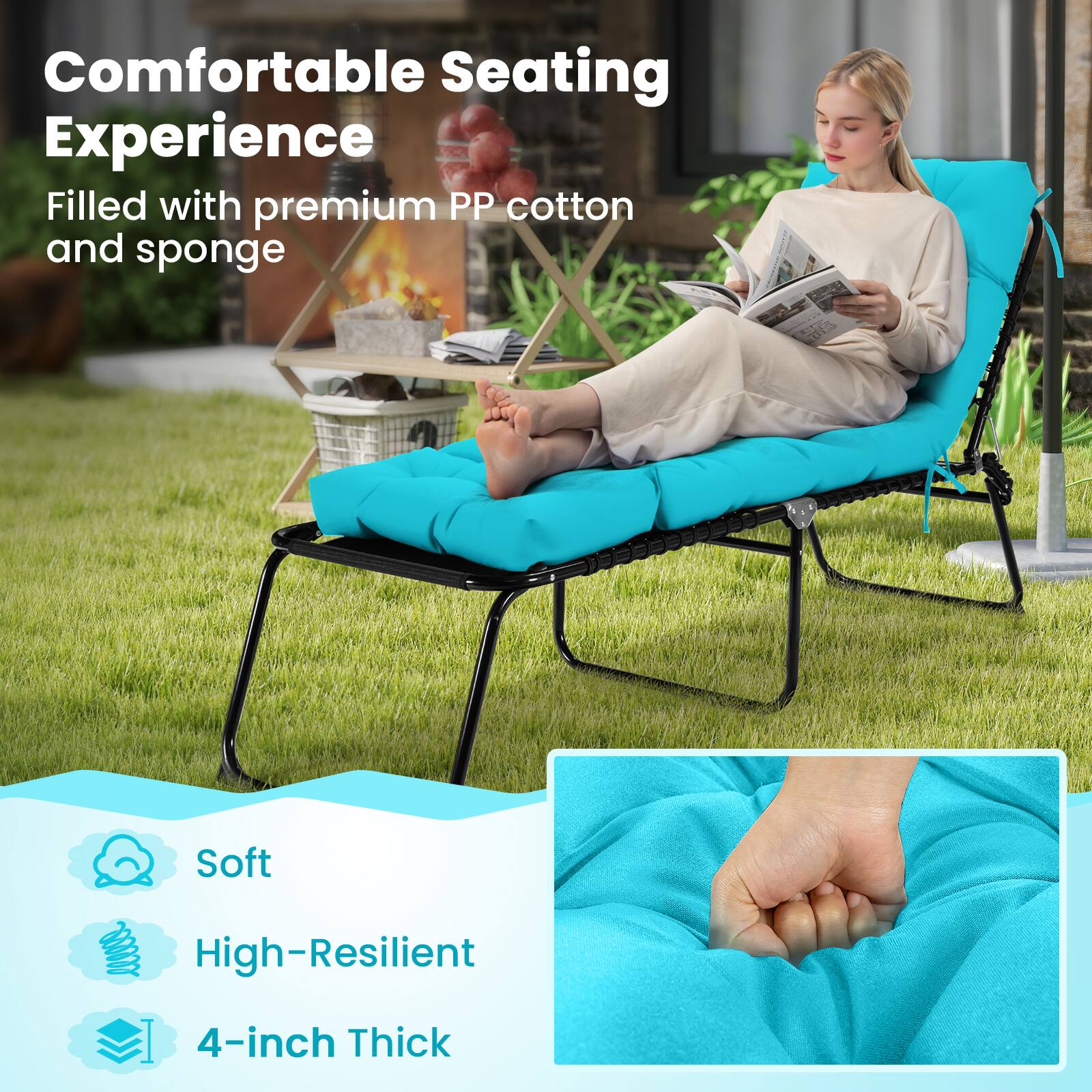 Comfortable Seating Experience  
Filled with premium PP cotton and sponge  

Soft  
High-Resilient  
4-inch Thick